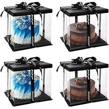 4 Pack Clear Cake Box Carrier 10" X 10" X 9" Cake Packaging Container with Ribbon Transparent Boxes with Lid Gift Package for Birthday Wedding Party, Black