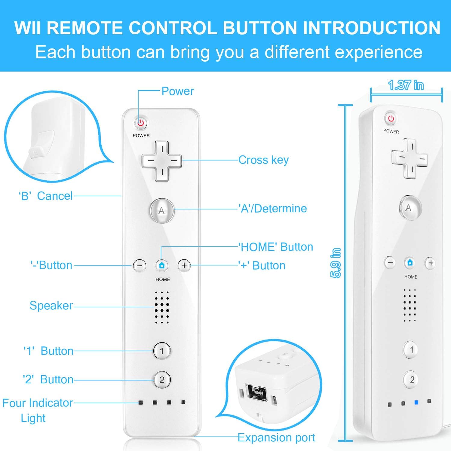 Controller Replacement for Wii Remote Controller with Nunchaku Joystick, Compatible with Wii /Wii U Console ,Gamepad with Silicone Sleeve and Wrist Strap(White 1set)