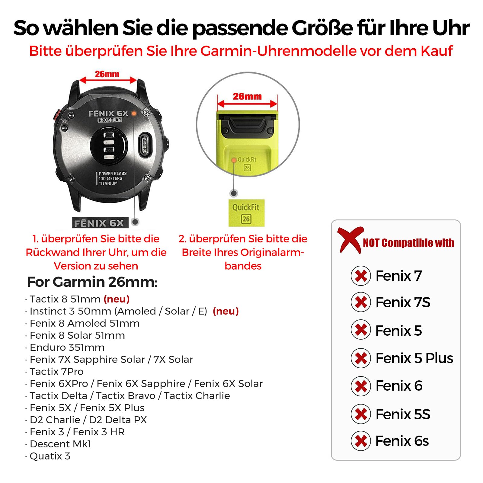 26mm Titan Armband mit Schnellverschluss Kompatibel mit Fenix 8 51mm/Enduro 3 51mm/7X Pro/6X Pro, 22mm Metall Armband 22mm Kompatibel mit Fenix 8 47mm/E 47mm/7/6 Pro/5 Plus/Forerunner 965 955