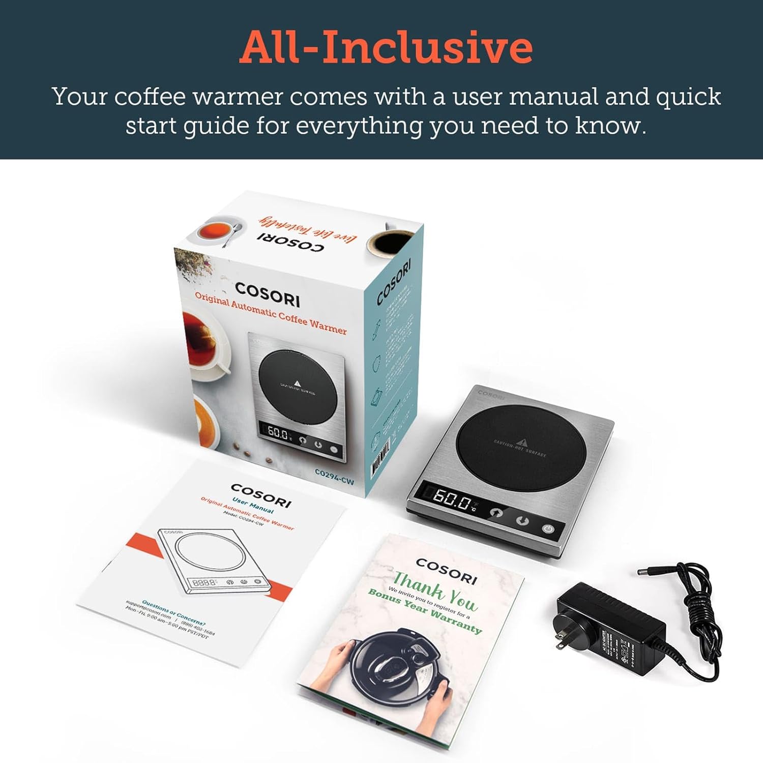 COSORI Mug Warmer packaging with user manual and warranty card
