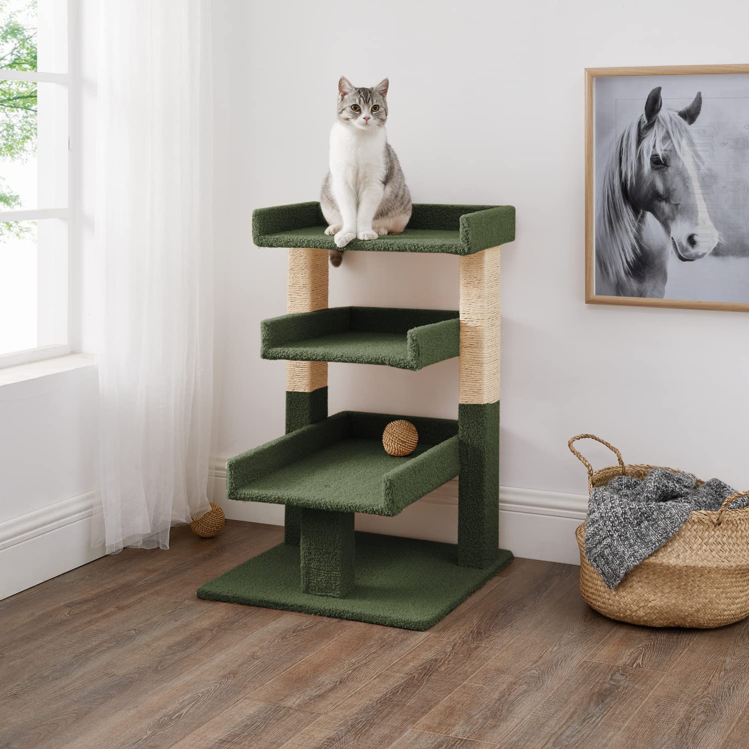 Naomi Home Nala Cat Tree for Large Cats, Cat Activity with Scratching Post, Cat Tower for Large Cats, 3 Level Cat Play Perch, Cat Climbing Tower, Cat Tree for Indoor Cats Multi-Level Cat, Green
