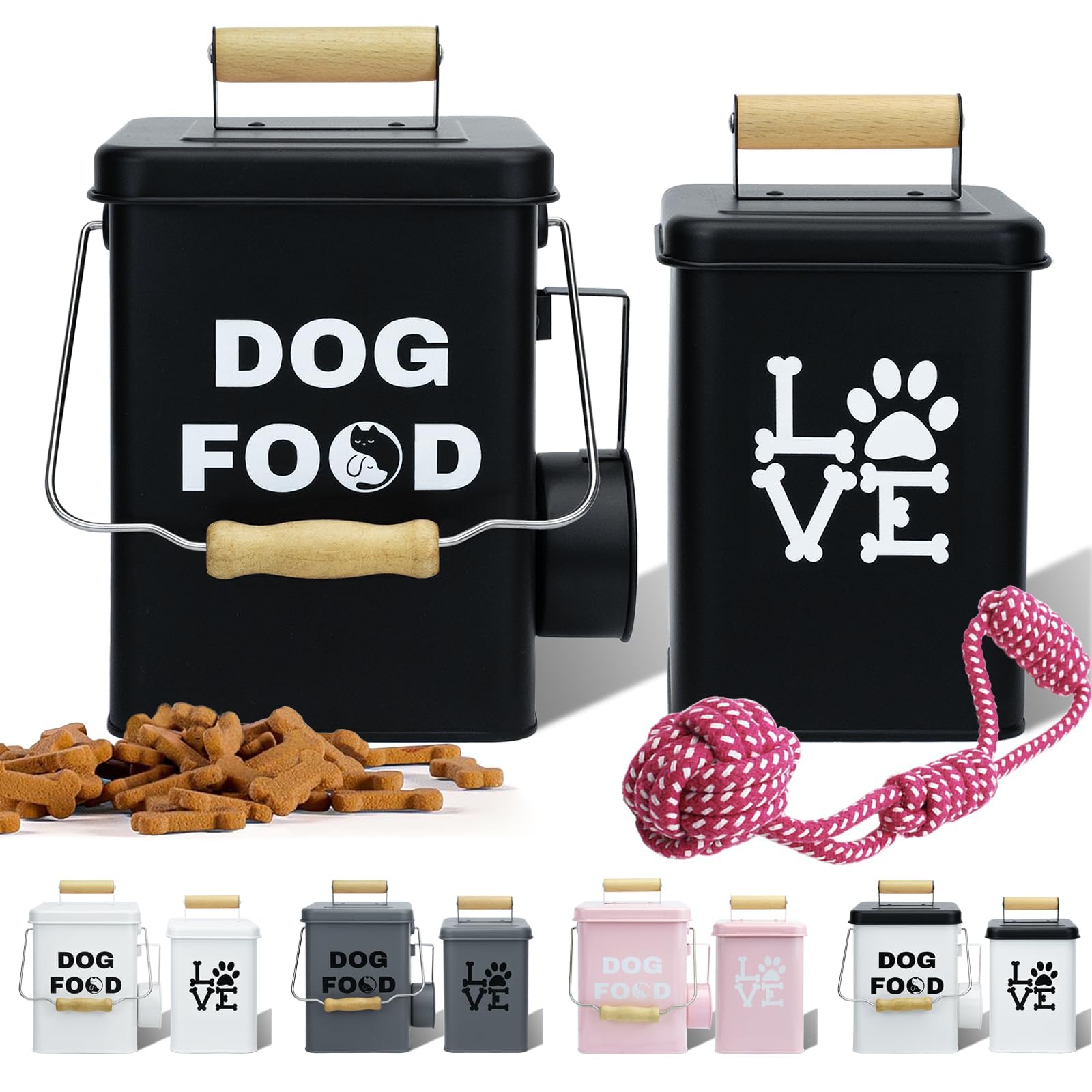 NIXBYO Dog Food Container Airtight Set 4-6 lb(25 Cup) Capacity with Scoop and Toy - Farmhouse Dog Food Storage for Kitchen Counter, Black Storage Bin