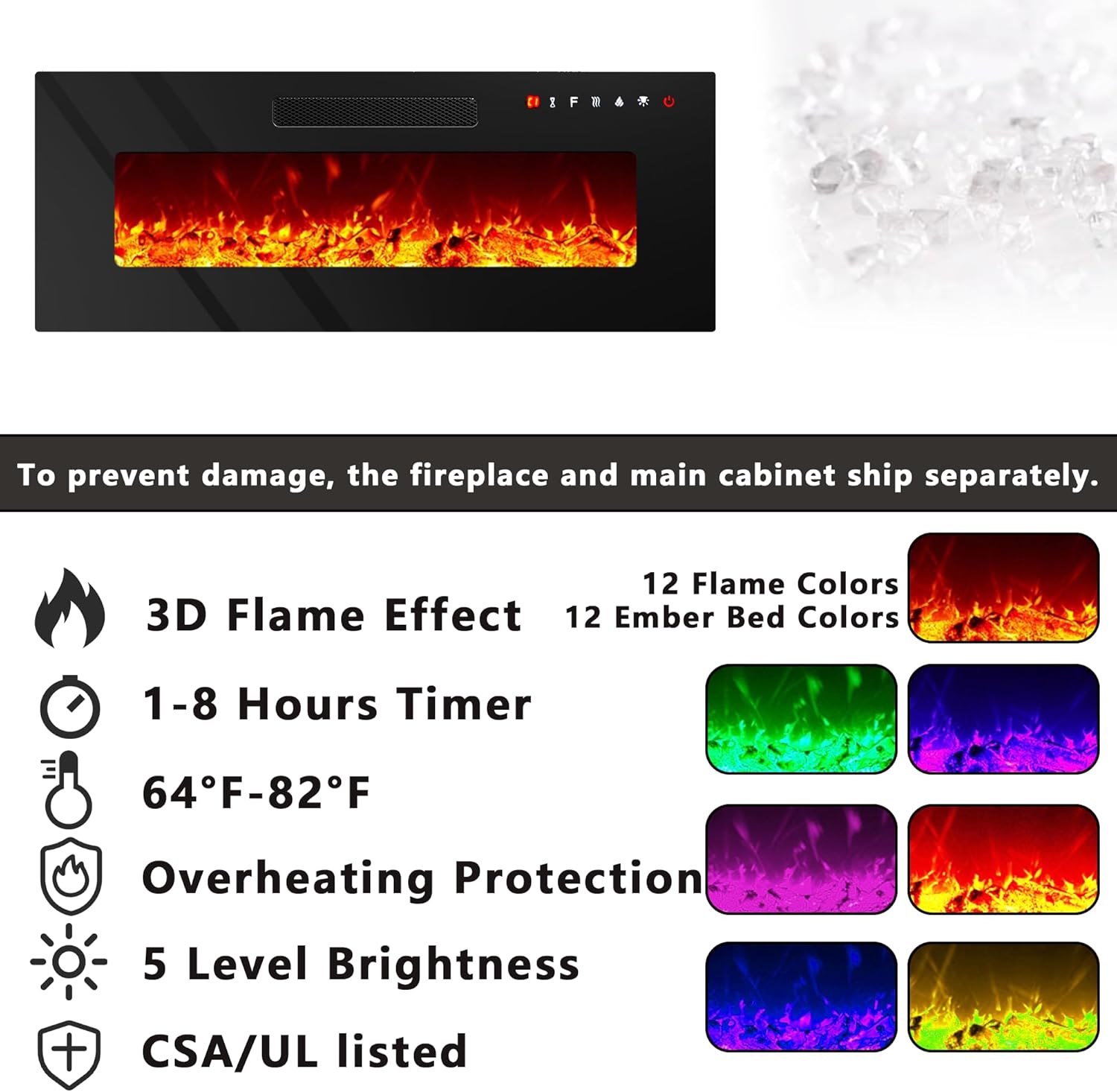 70" Electric Fireplace TV Stand for Living Room, Black Entertainment Center with Fireplace and LED Light, Full Black