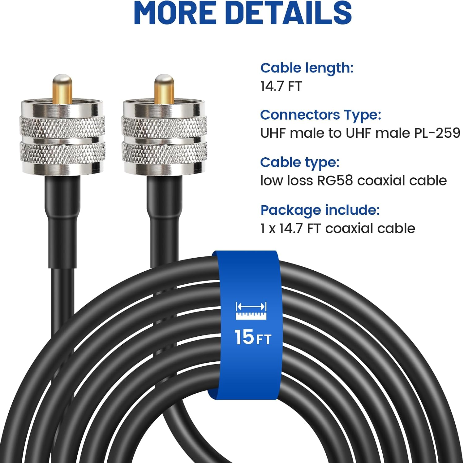 Anina PL259 CB Coax Cable-15FT Male PL259 Coaxial Cable Pure Copper RG58 UHF Cable Extension Connector 4pc SMA - UHF FR Coaxial Connector Kit SMA to PL259 SO239 UHF VHF Crimp Coax Adapter