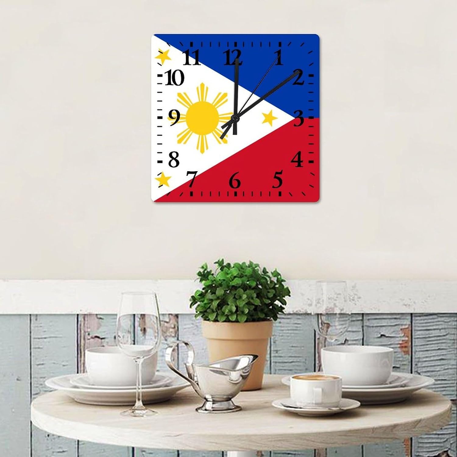 Philippines National Flag Wall Clock Philippines Wooden Clock 15in Rustic Style Arts and Crafts No Ticking Sound Battery Operated Clock Decor for Shelf Half Bath Pub