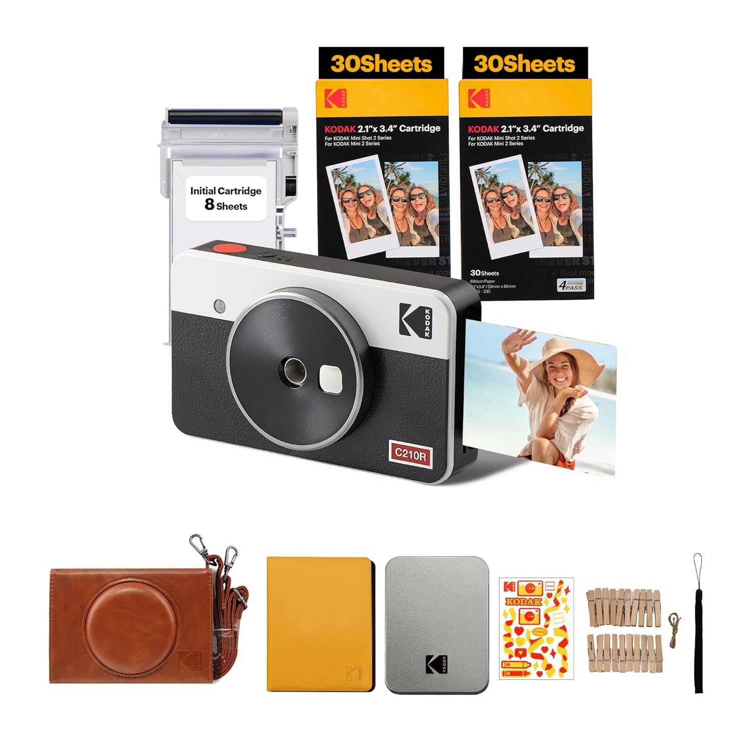 KODAK Mini Shot 2 Retro 4PASS 2-in-1 Instant Camera and Photo Printer (2.1×3.4 inches) + 68 Sheets Gift Bundle, White