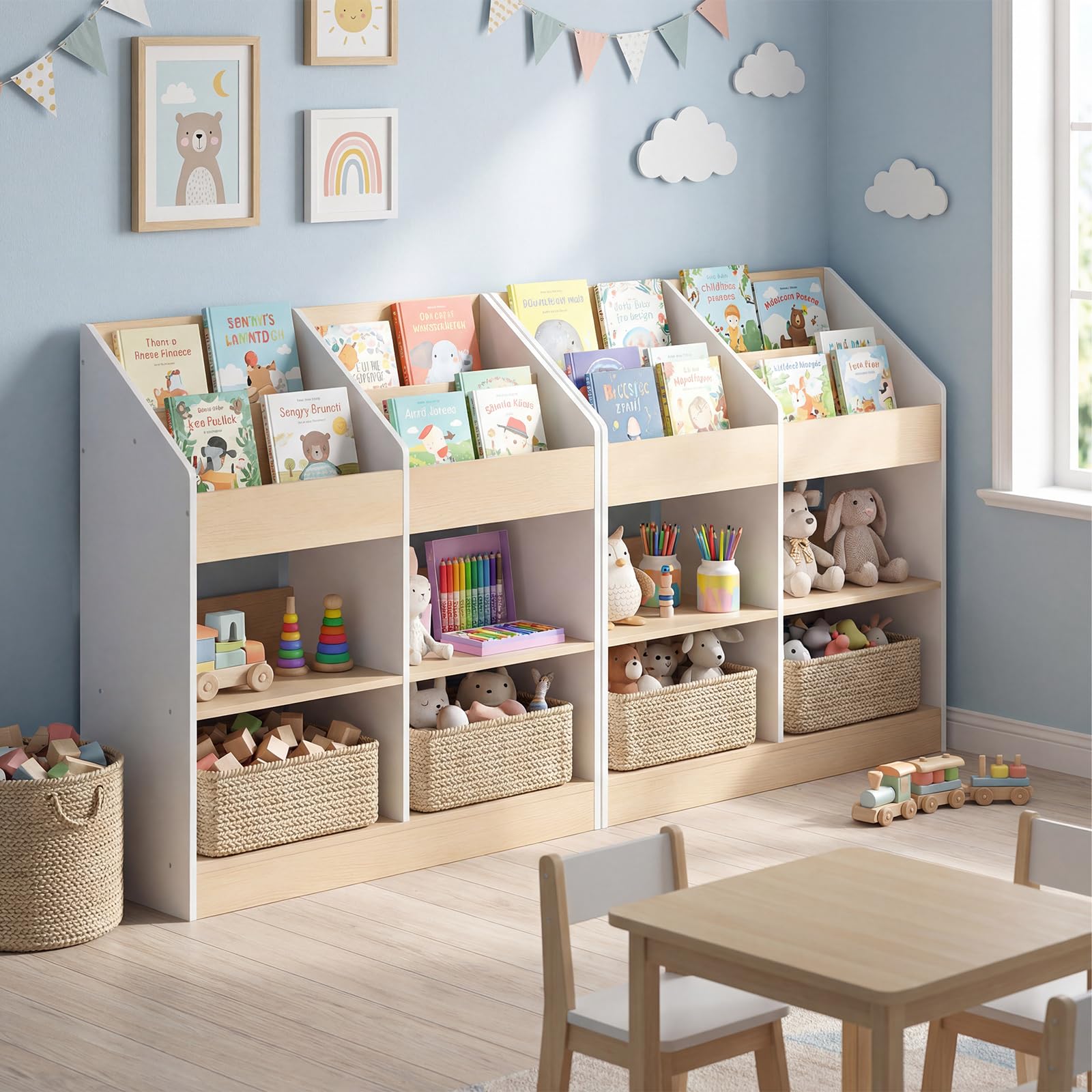 COSTWAY Bibliothèque Enfant en Bois avec 4 Cubes et 4 Compartiments Ouvertes, Étagère à Livres Enfant avec Kit Anti-basculement, Organiseur de Jouets pour Salle de Jeux Crèche