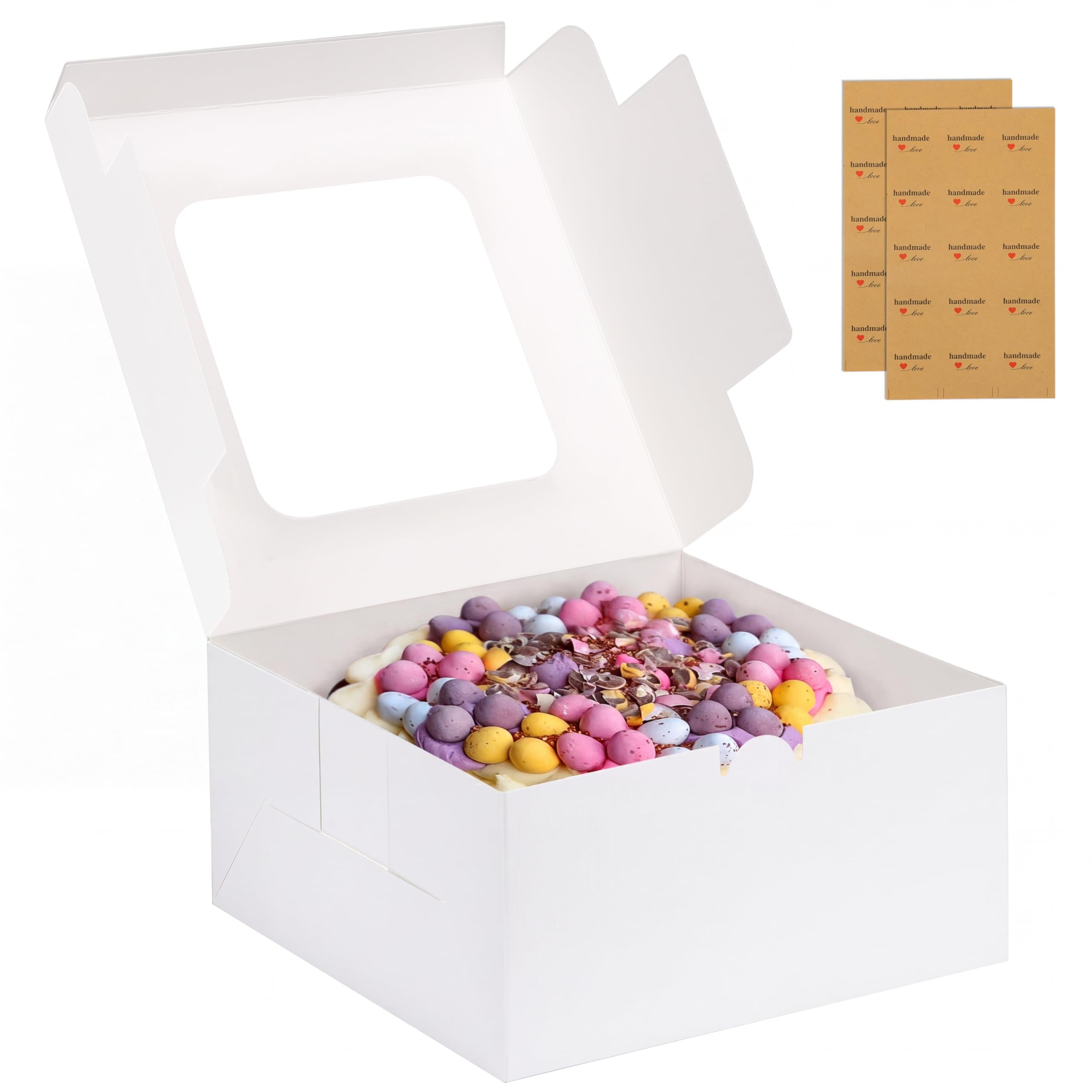 Moretoes 24pcs Cake Boxes, 10x10x5 Inches White Square Bakery Boxes with Window Cajas Pasteles for Cake, Mother's Day, Pastries, Chocolates, Cookies, Pie, Birthday Party, Wedding, Graduation The Forest Stewardship Council