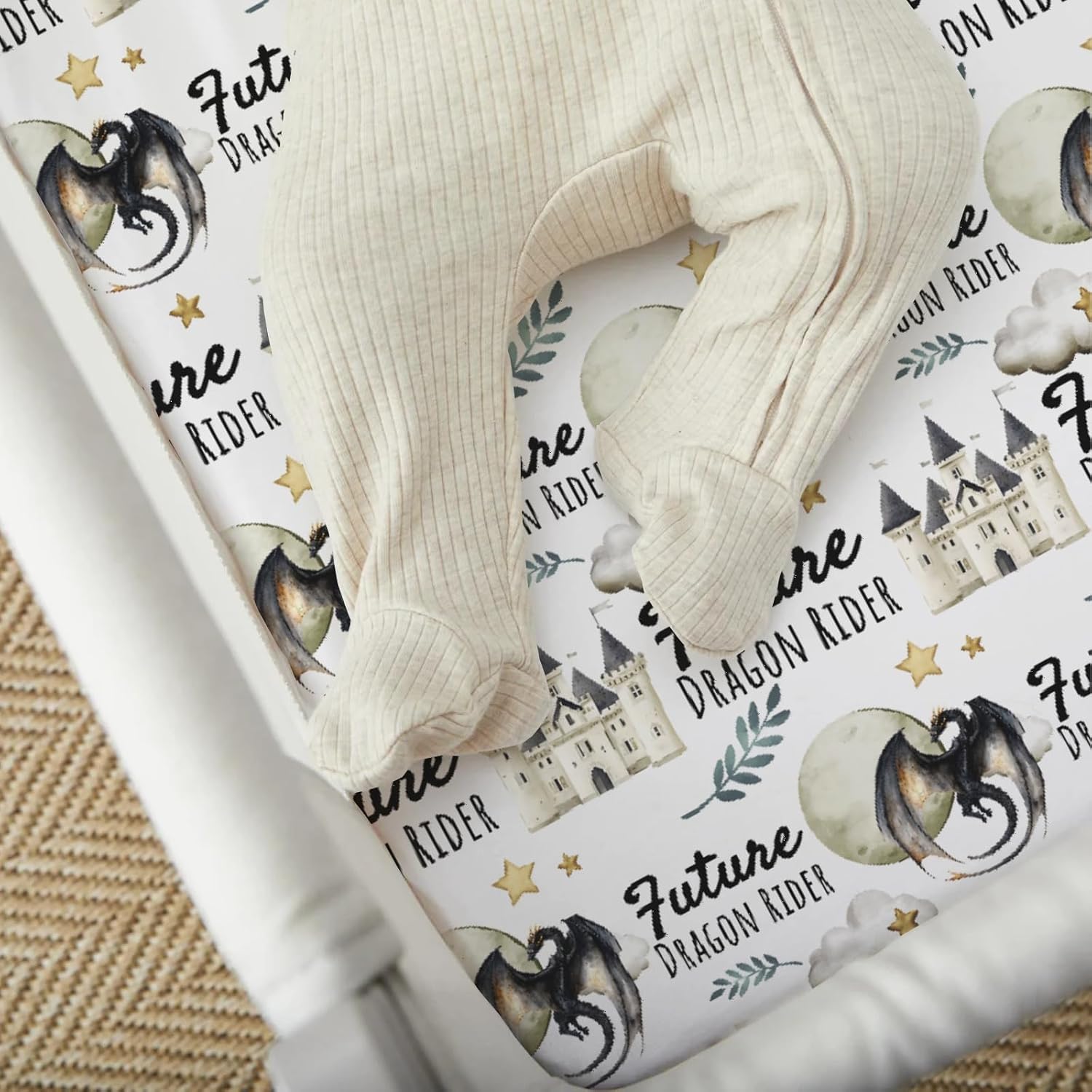 Baby Boys Standard Crib Sheet Future Dragon Rider, Whimsical Black Castle Moon Cloud Star Snug Fitted Mattress Covers, Soft Stretchy Breathable Nursery Kid Toddler Bed Decor Shower Gift 52x28