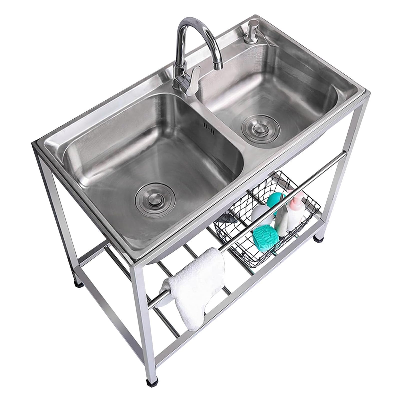 LMYSXAOZ Stainless Steel Utility Sink, Double Bowl Kitchen 2 Compartment Restaurant Freestanding Commercial Sink for Business Restaurant, Hotel, Outdoor