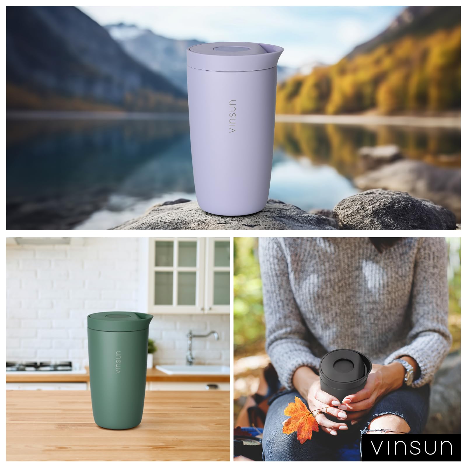 VINSUN Tazza Termica da Caffè e Tè 350ml - A Prova di Perdite, Doppia Parete, Acciaio Inox, Bevande Calde e Fredde - Tazza da Caffè per Auto, Scuola, Viaggio