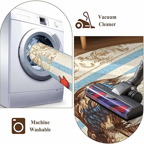 Miniatura 8 de 8ft Round Rug, Retro Rooster Non-Skid Rubber Backing Large Area Rugs - Living Room Bedroom Home Office, Striped Farmhouse Animals Watercolor Indoor