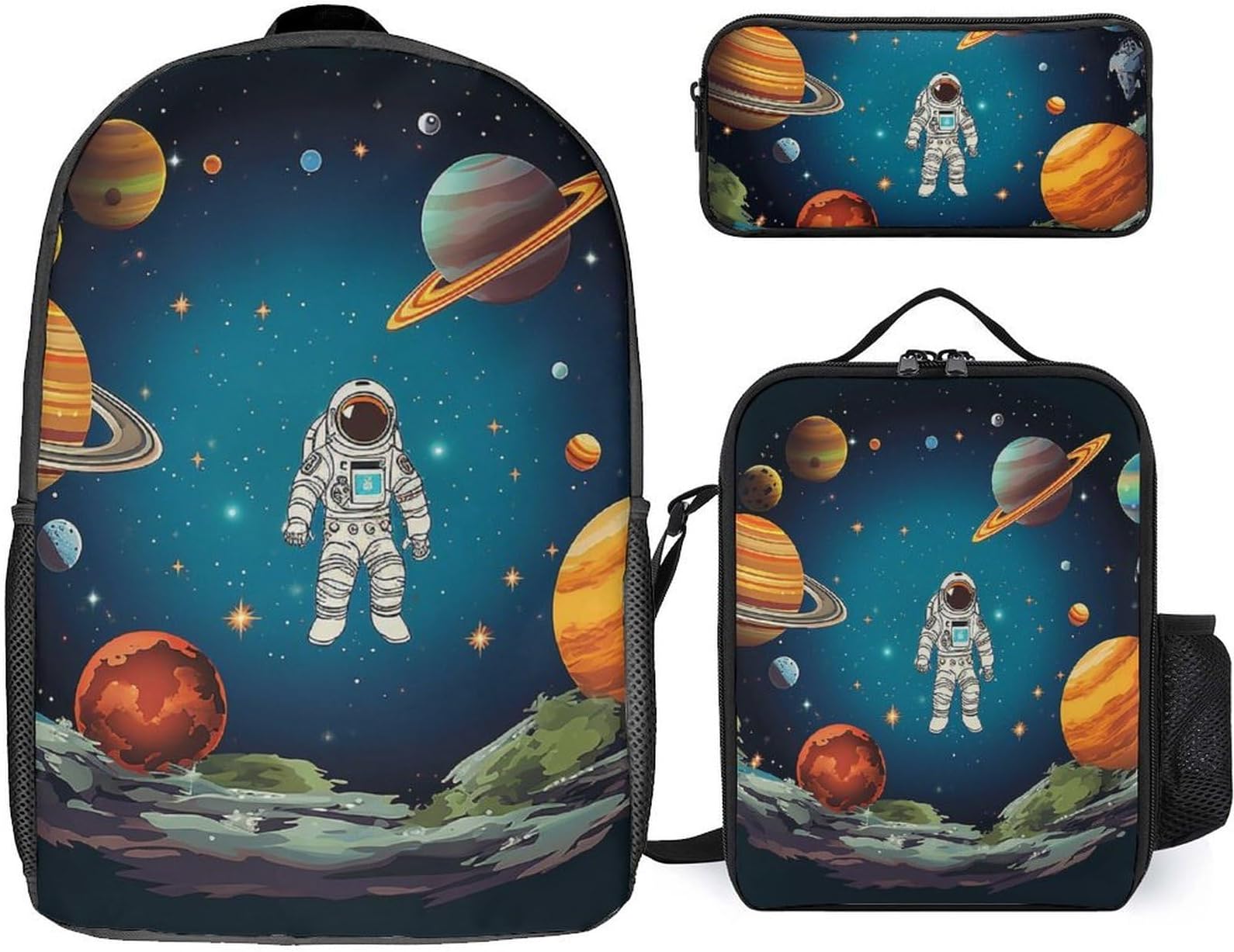 3 Piece Backpack for Women Men Lightweight Causal Daypack Shoulder Bag Set with Insulated Lunch Bag And Pencil Case Organizers Outer Space Rocket Astronaut