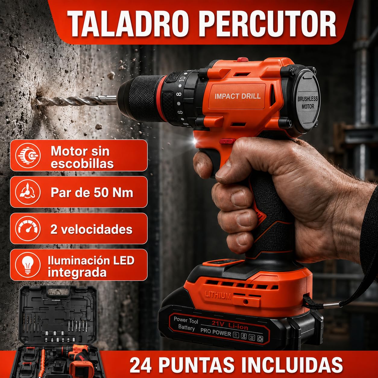 Taladro Percutor a Batería 21V, Taladro Atornillador Sin Escobillas 45-50 Nm con 2 Baterías 1,5Ah, Portabrocas 10 mm, 20+1 Ajustes, 24 Brocas, Luz LED y Maletín, para Hogar y Bricolaje
