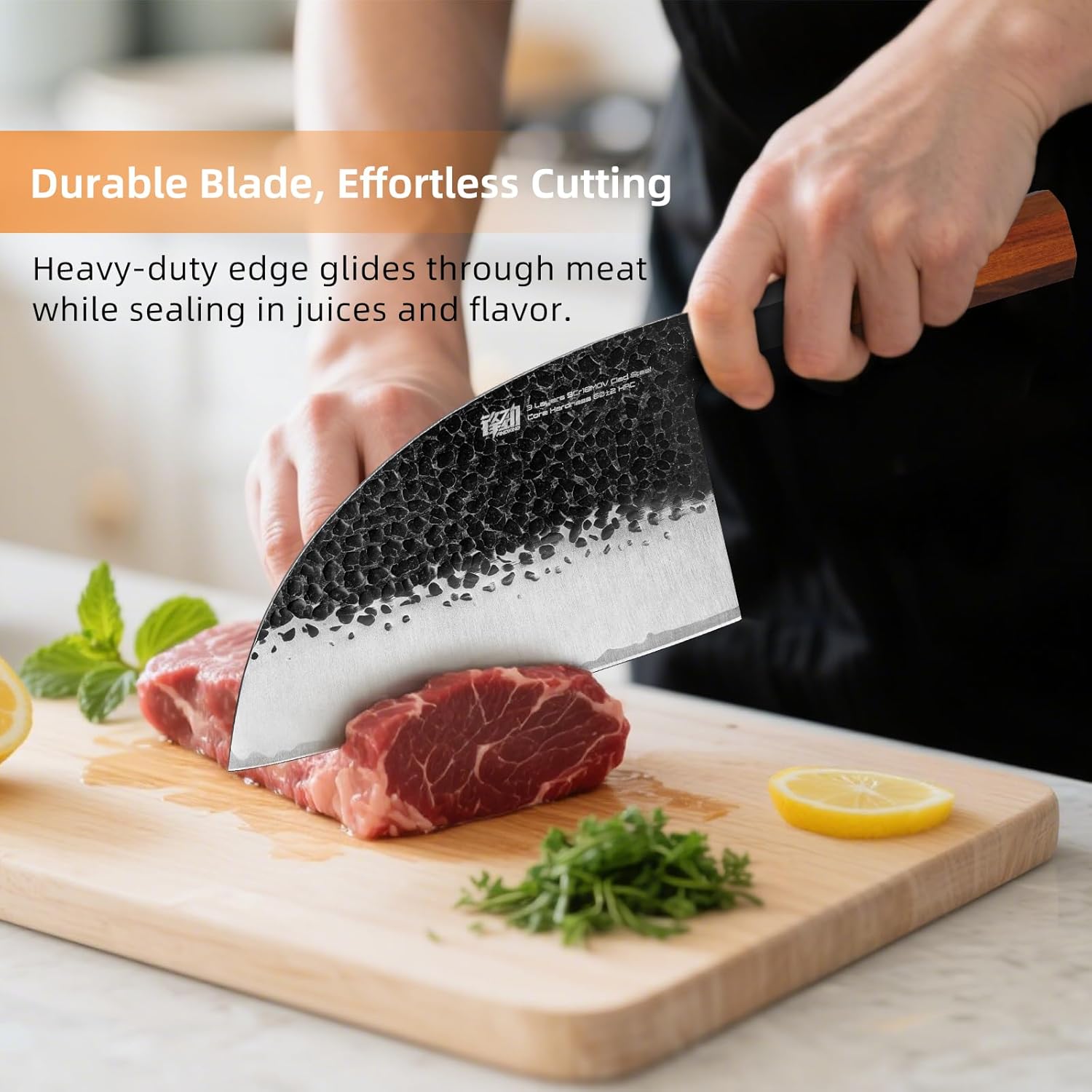 FINDKING Dynasty Series Serbian Chefs Knife with Leather Sheath, Heavy Duty Meat Cleaver, 9Cr18MoV High Carbon Steel Blade, African Rosewood Octagonal Handle, for Meat, Chicken Bones, 6.5 Inches - Image 6