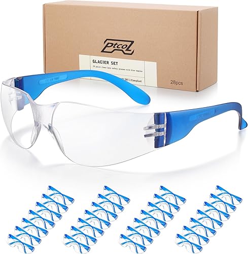 Paquete de 28 lentes de seguridad, montura azul (paquete a granel de 24+4), unisex, transparentes, antiarañazos, resistentes a los impactos, con