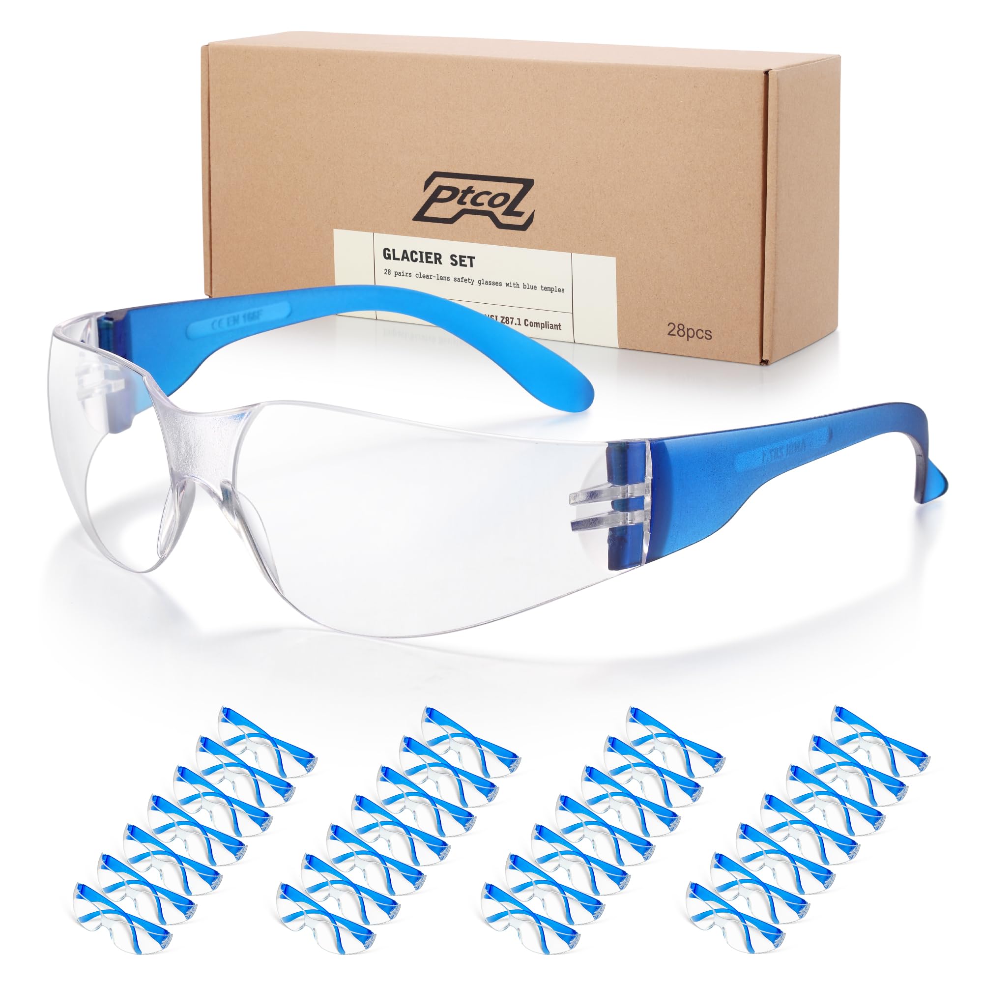 28 Pack Safety Glasses BLUE Frame (Bulk Pack of 24+4) Unisex Clear Anti-Scratch Protective Goggles Impact Resistant Lens Eyewear with ANSI Z87.1
