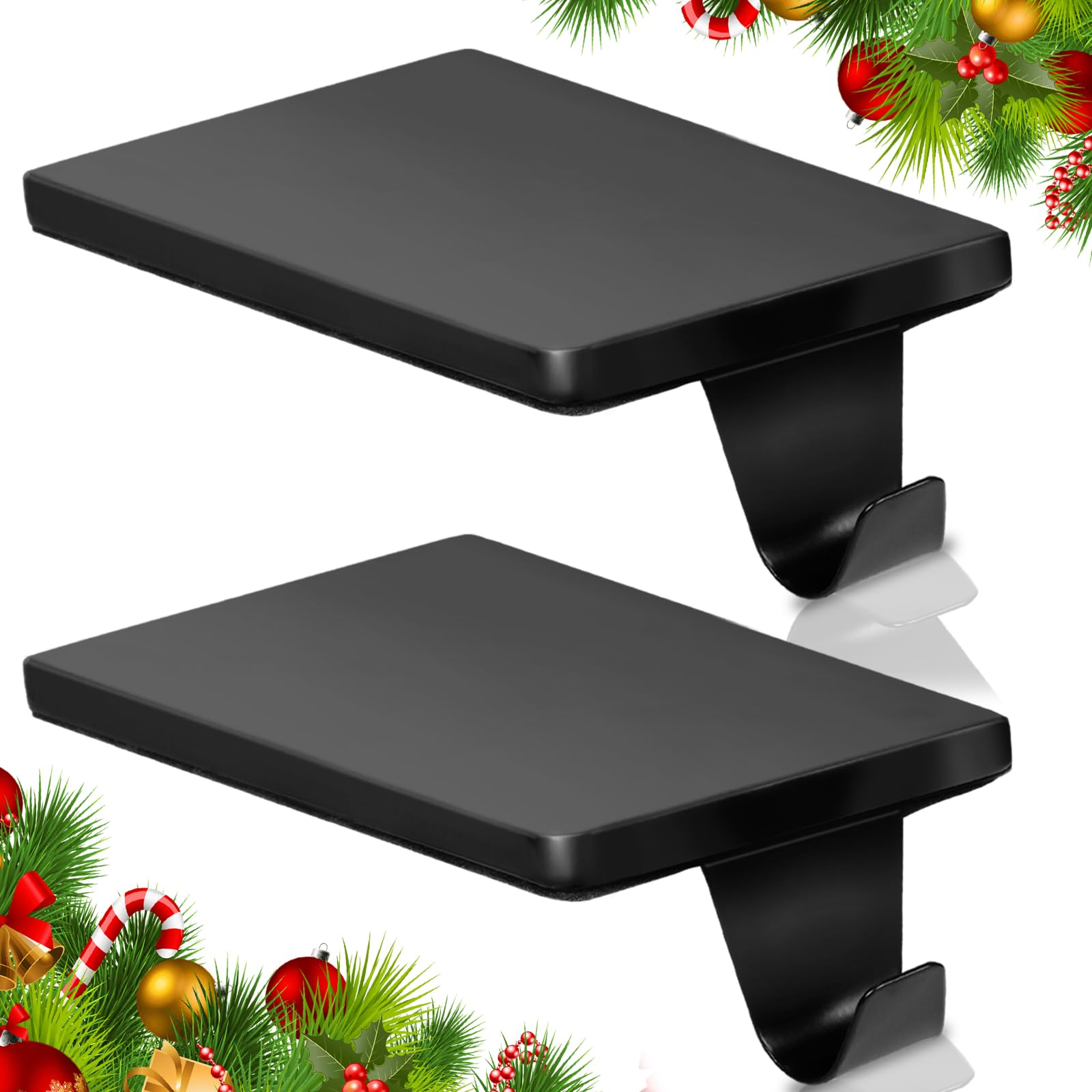 HMASYOChristmas Stocking Holders for Mantle Set of 2, Black Heavy Duty Iron Stocking Hangers Base, Low Profile Weighted Stocking Holder Hooks for Fireplace Tabletop Shelf Christmas Decoration