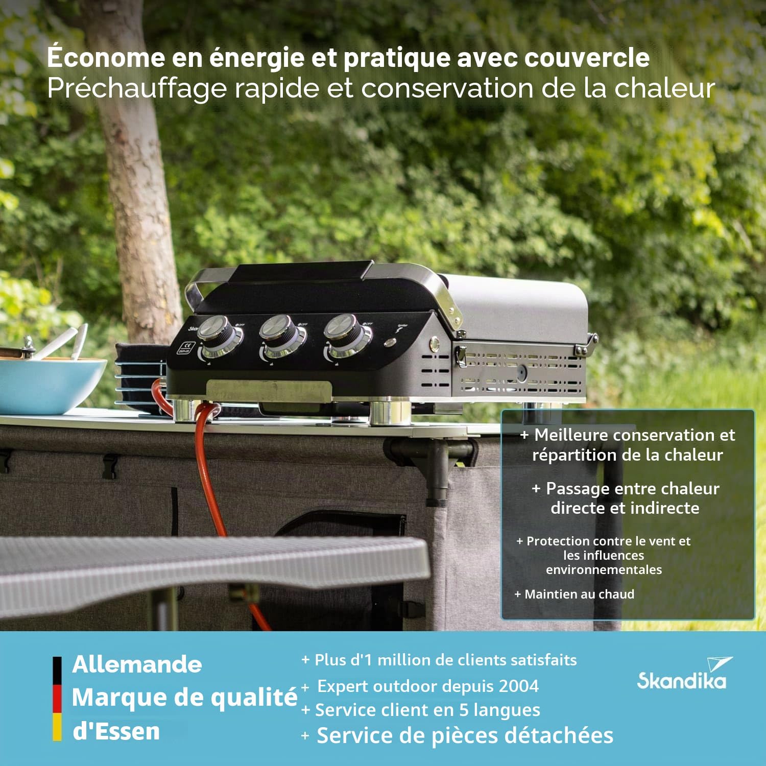 Skandika Plancha à gaz Palo | Plaque de cuisson à 3 brûleurs, égouttoir, barbecue à gaz transportable avec plaque plancha | Camping, bbq de table, jardin