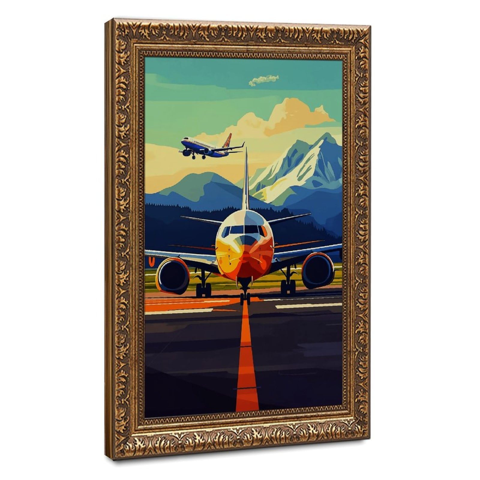 AYINUER Airplane On Runway Mountain Sky Poster Canvas Poster for Living Room Decor Gift