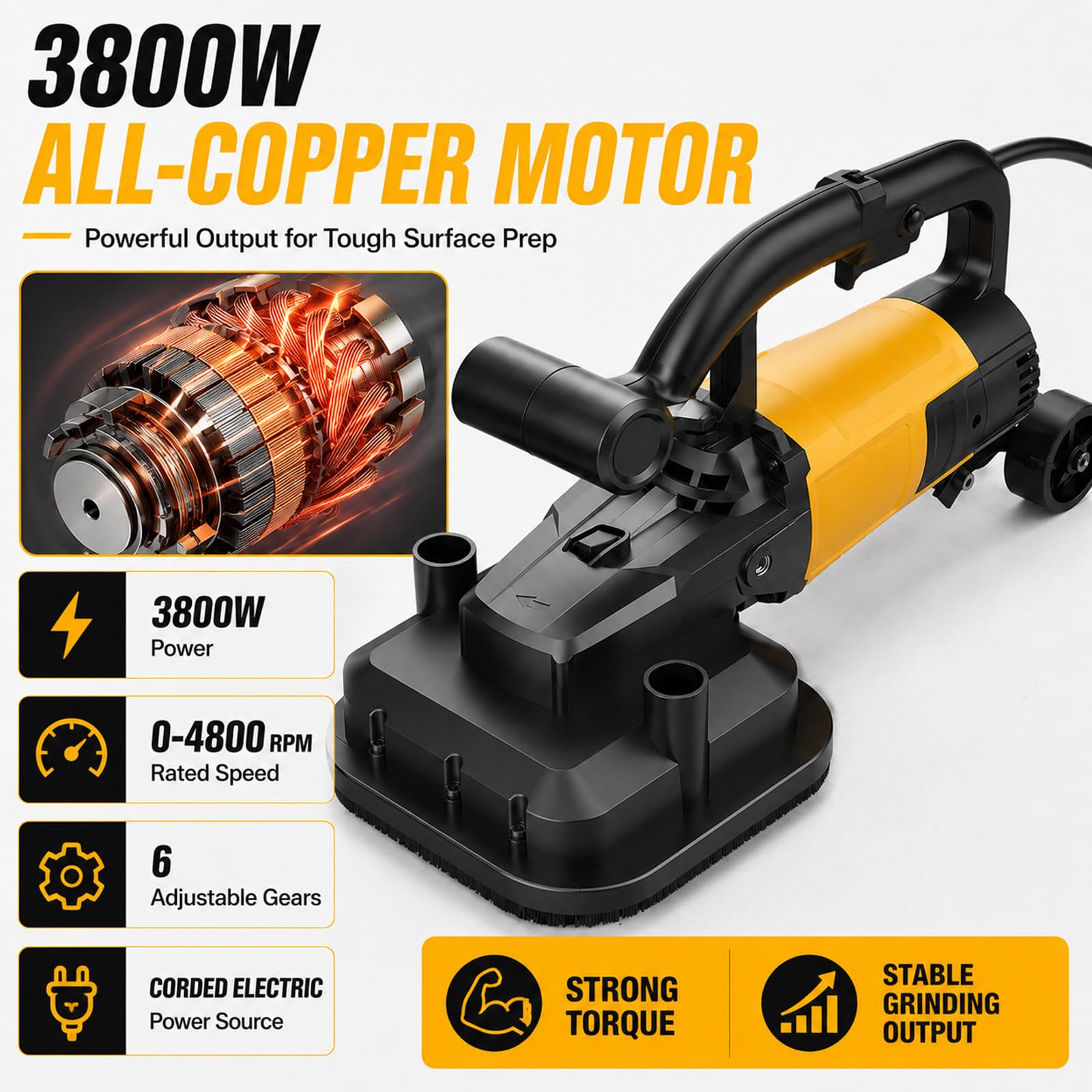 Pulidora EléCtrica de Concreto de 3800 W, con Ruedas Auxiliares Y Mango Largo, Pulidora de Suelos de Terrazo de 4 Cabezales, para Entradas de VehíCulos, Talleres Kit2