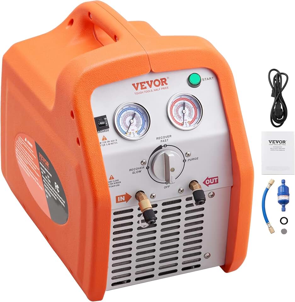 VEVOR 1 HP Refrigerant Recovery Machine - Dual Cylinder Portable AC Recovery Machine with High Pressure Protection 120V 60Hz Recovery Machine HVAC for Vapor Liquid Refrigerant, Car Air Conditioning