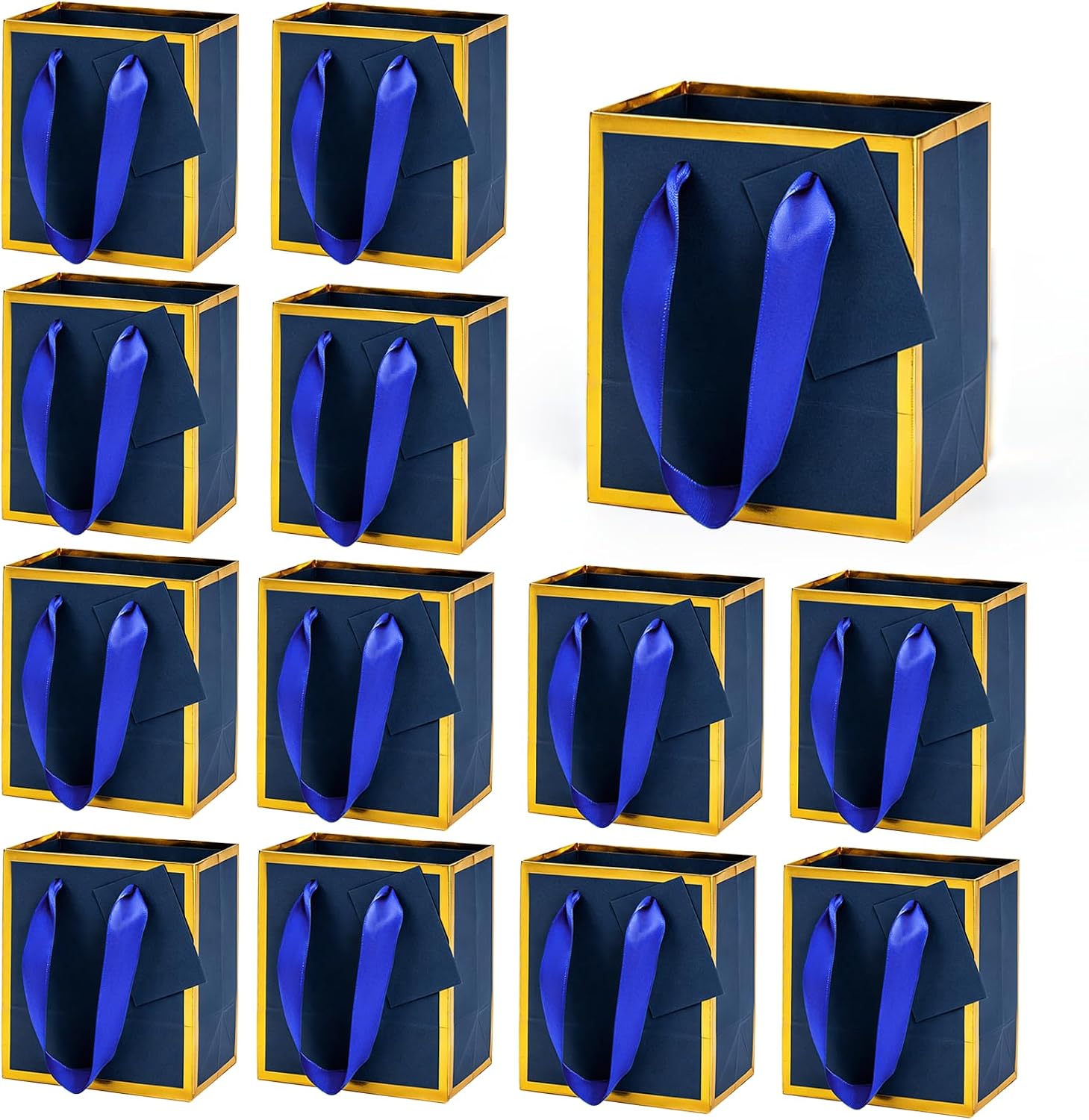 BAGGERISH Navy Blue Small Gift Bags with Handles 12 Pack 4x4.75x2.75in Blue and Gold Mini Gift Bag for Favor, Jewelry, Perfume