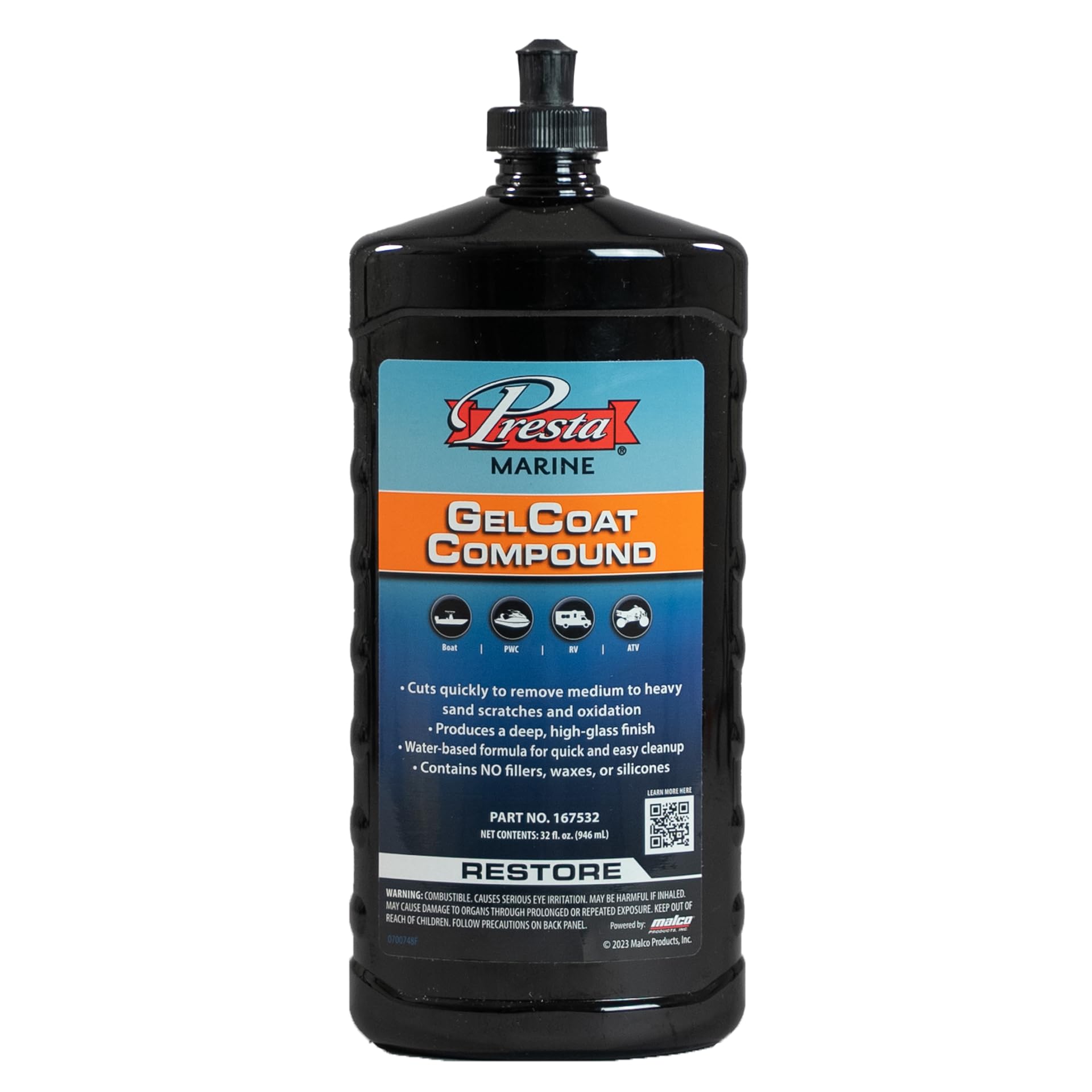 Presta Marine GelCoat Compound for Marine and Industrial Use, VOC Compliant/Water-Based/Reduces Buffing Time/Removes Oxidation/No Waxes or Fillers 32 oz (167532)