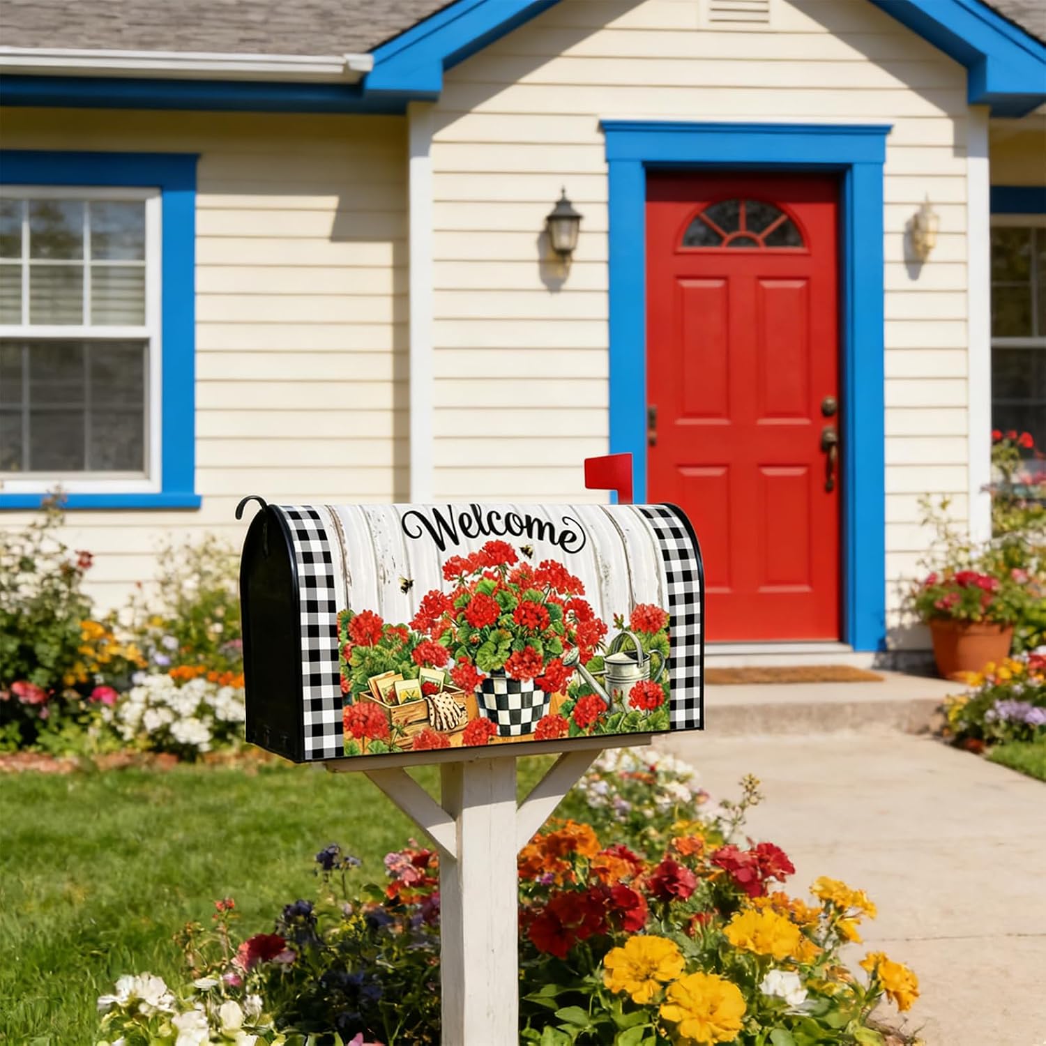 Geranium Flowers Mailbox Cover, 21"x18" Spring Magnetic Mailbox Cover Standard Size, Red Floral Buffalo Plaid Check Post Letter Box Wraps for Outside Holiday Garden Yard Outdoor Home Decor