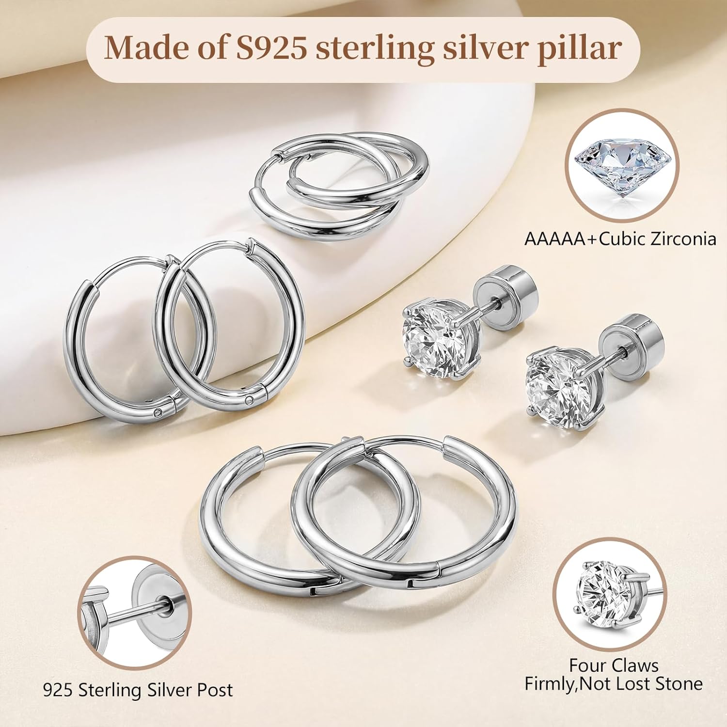 Hypoallergenic Stud Hoop Earrings for Women, Surgical Stainless Steel, Small Flat Back, Silver, Cartilage Piercing Jewelry Set - Image 4