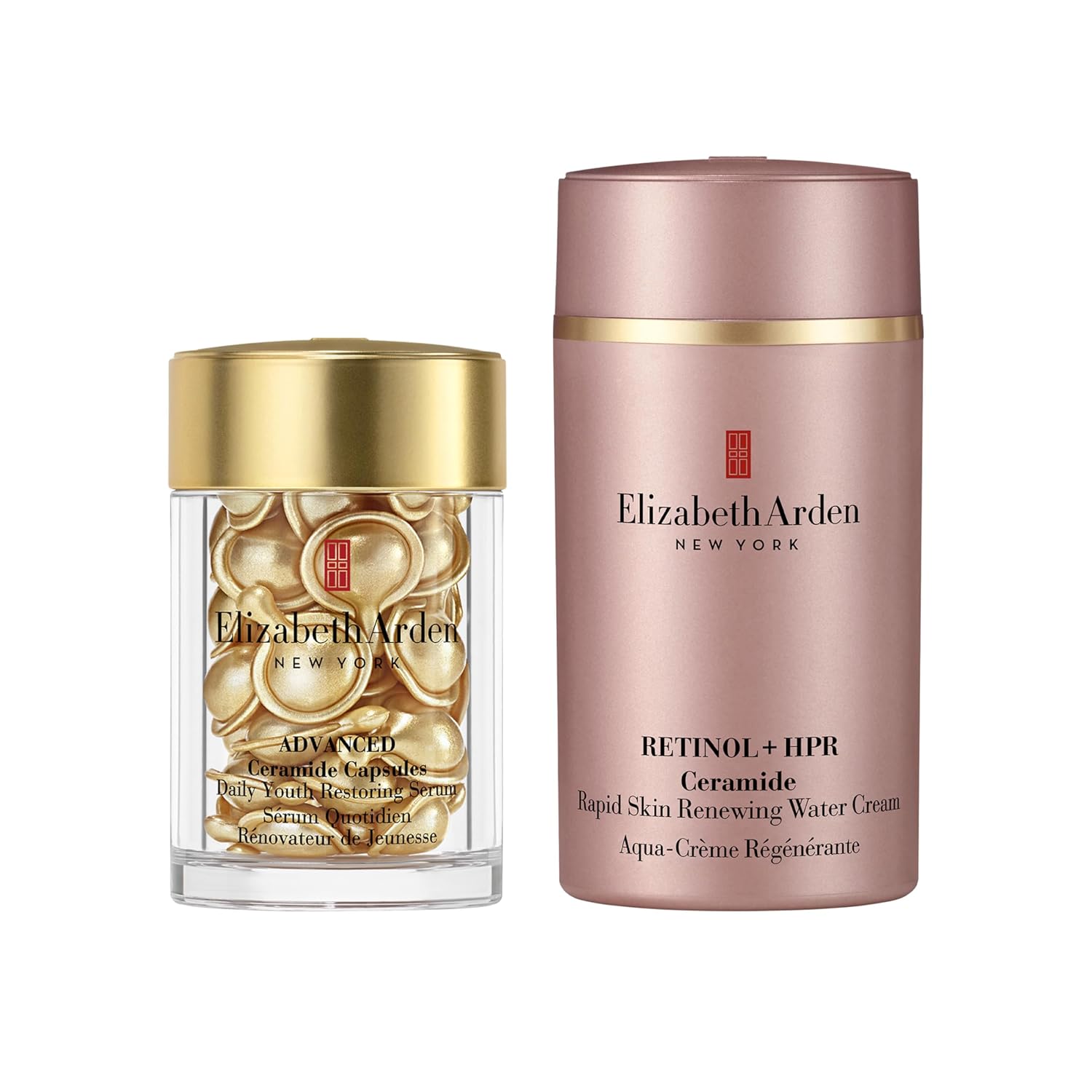 Elizabeth Arden Anti-Aging Ceramide Capsule Serum + Elizabeth Arden Retinol Serum Wrinkle Filler + HPR Next Generation Retinoid, Ceramide, and Peptide Rapid Skin Renewing Water Day and Night Cream