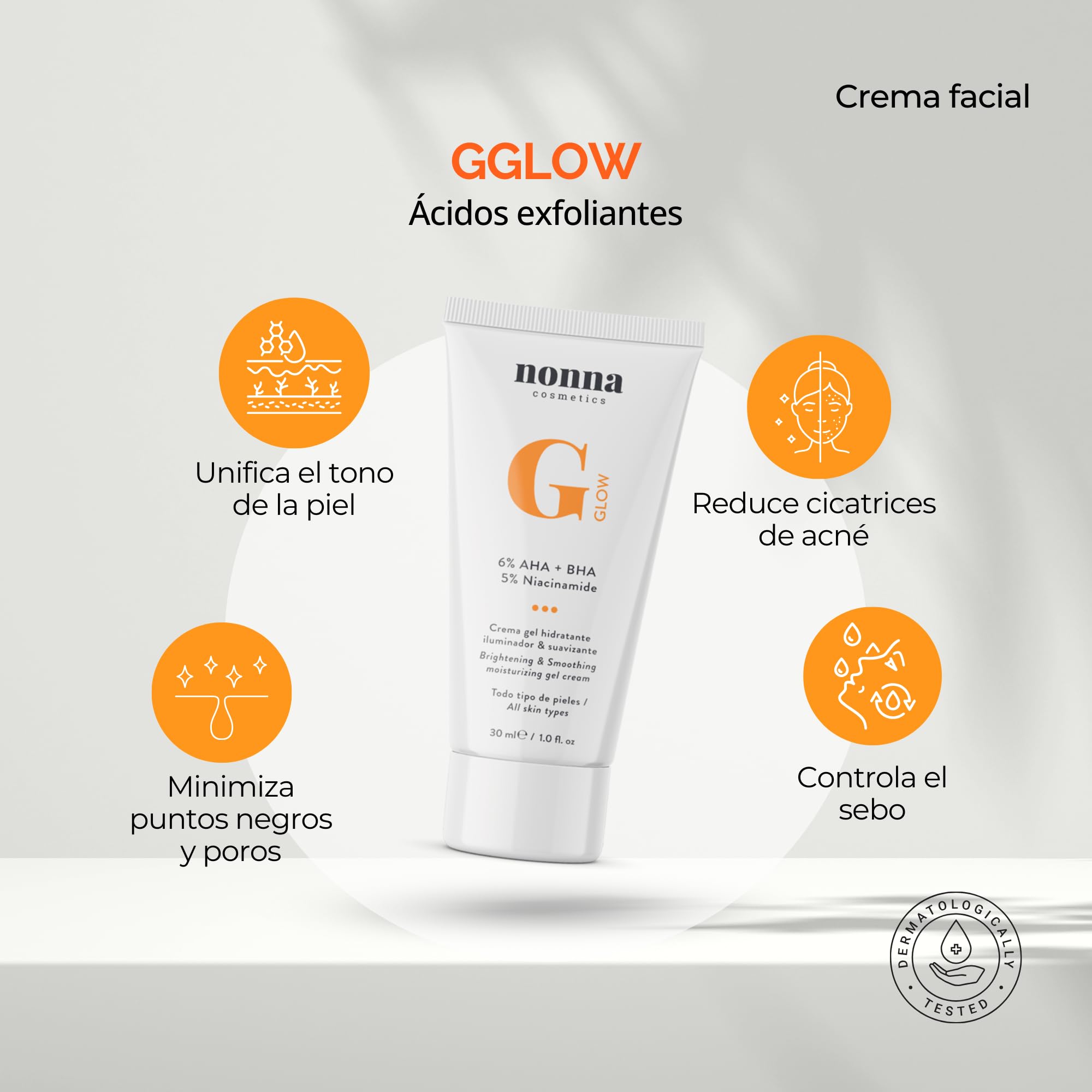 Nonna Cosmetics - GGLOW 5% - Crema facial para poros dilatados, imperfecciones y acne - Acido Glicolico & Niacinamida - 10ml (Travel size) (30 ml)