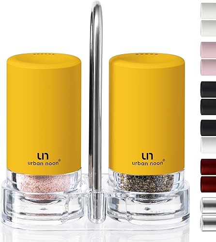 Salero y pimentero amarillo con soporte, elegante juego de salero y pimentero de acero inoxidable con soporte acrílico para encimera de cocina o