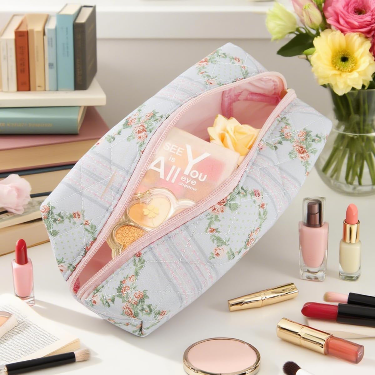 MAYCREATE® Makeup Pouch Bag Travel Cosmetic Bag for Women Girls, Floral Prints Make Up Toiletry Pouch for Women, Zipper Portable Travel Cloth Storage Organizer