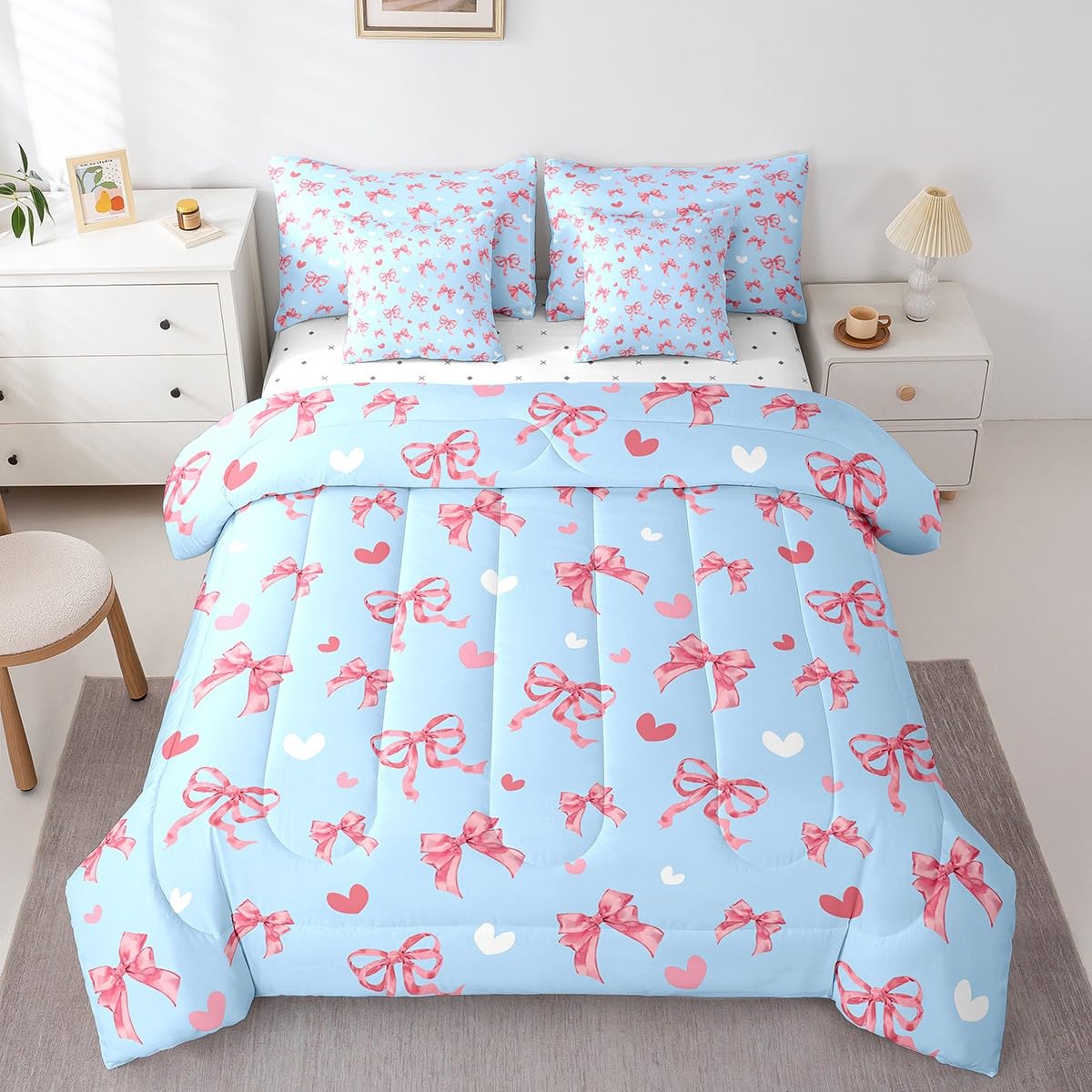 Erosebridal Cute Kawaii Bowknot Bed in A Bag Dreamy Princess Bow Bedding Set Pink Ribbon Butterfly Knot Queen Comforter Set 7 Piece for Coquette Bedroom Decor,Blue Watercolor Bed Set