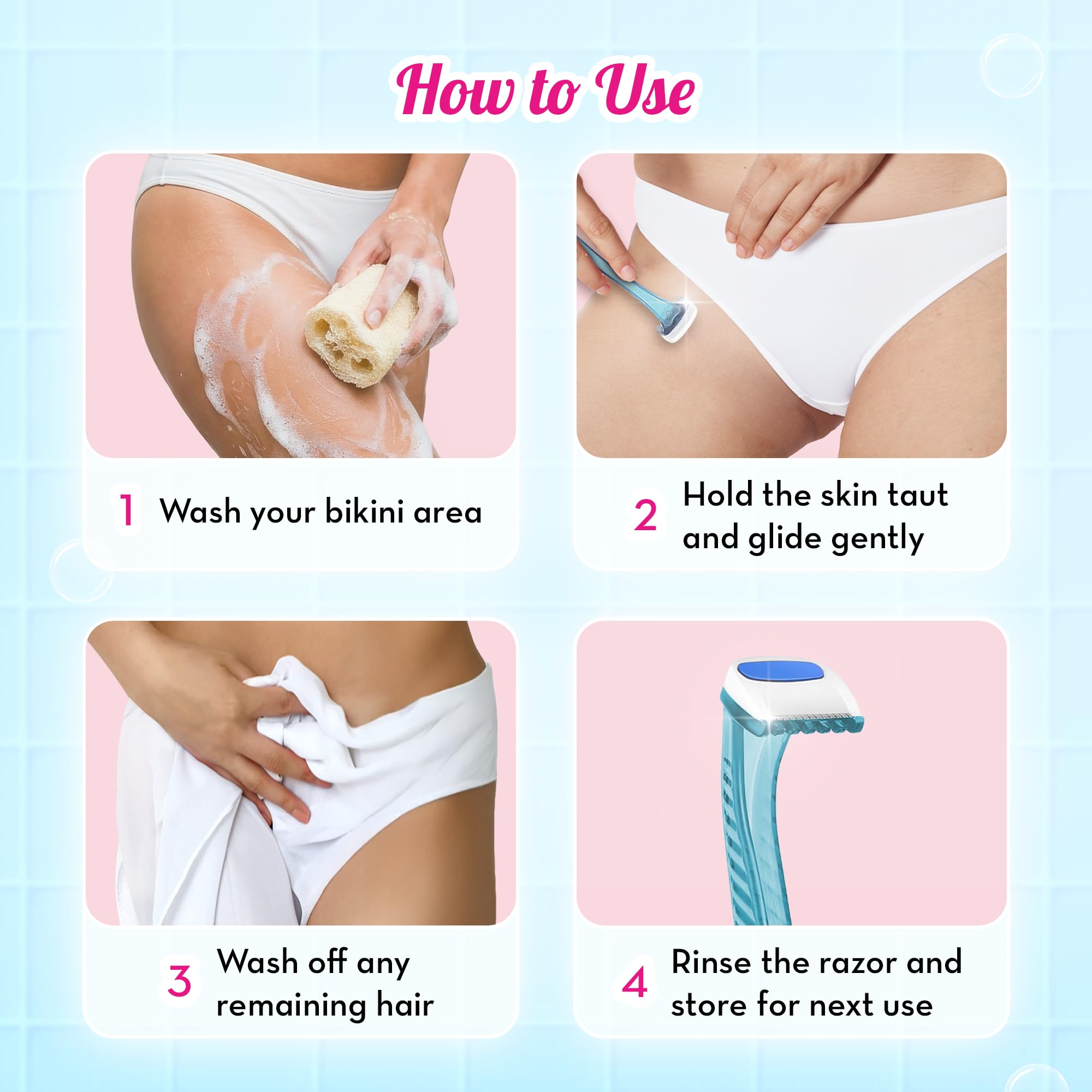 Plush Reusable Bikini Razor for Women (2 Pcs) | Best Razor for Shaving Private Parts & Pubic Area | German Precision Blades, Lubricating Strips & Safety Comb for 1-Stroke Shave | No Bumps, No Cuts 4