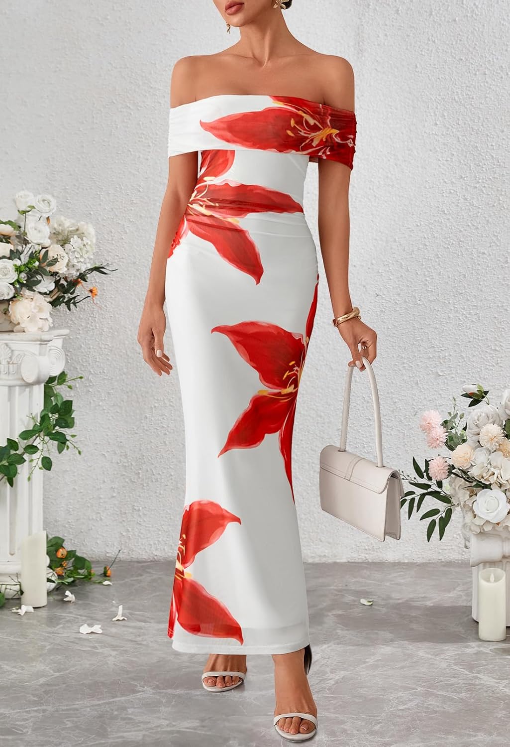 MEROKEETY Women's Spring Off Shoulder Floral Maxi Dress 2026 Summer Formal Beach Wedding Guest Cocktail Bodycon Dresses - Image 7