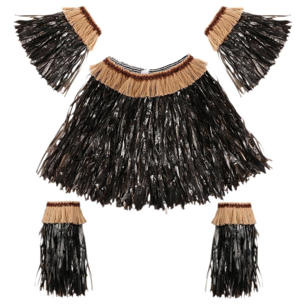 Mikinona Falda de Hierba Hula 1 Juego de Tela Negra para Mujer | Accesorios Incluidos Banda de Pierna y Pulseras, para Luaus y Bodas, Ligero y Llamativo