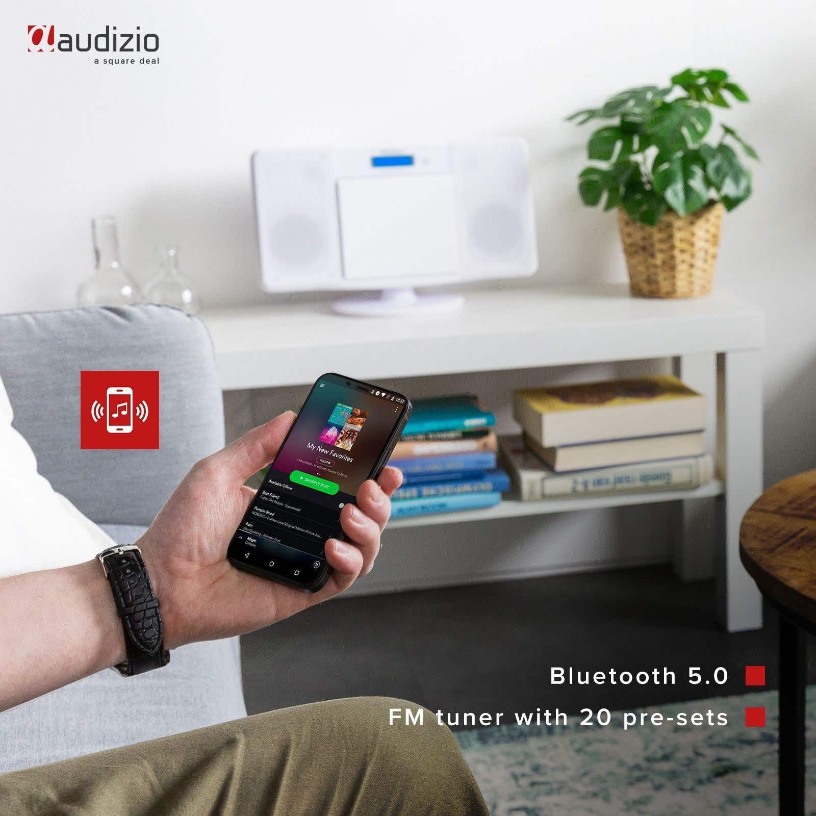 Audizio Nimes Home Sistema estéreo HiFi con Bluetooth, Reproductor de CD, MP3 USB, sintonizador de Radio FM, Incluye Mando a Distancia, X-Bass, Conexion de Auriculares - Blanco