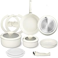 Vista 9 de FAB&DELUXE Juego de 11 piezas de utensilios de cocina antiadherentes, ollas y sartenes antiadherentes de aluminio con tapas y asas de madera