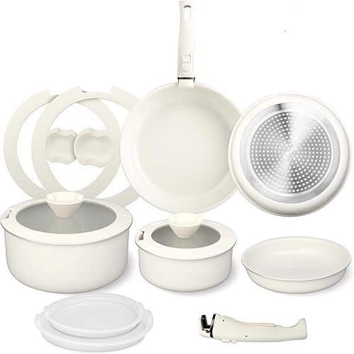 Miniatura 9 de FAB&DELUXE Juego de 11 piezas de utensilios de cocina antiadherentes, ollas y sartenes antiadherentes de aluminio con tapas y asas de madera