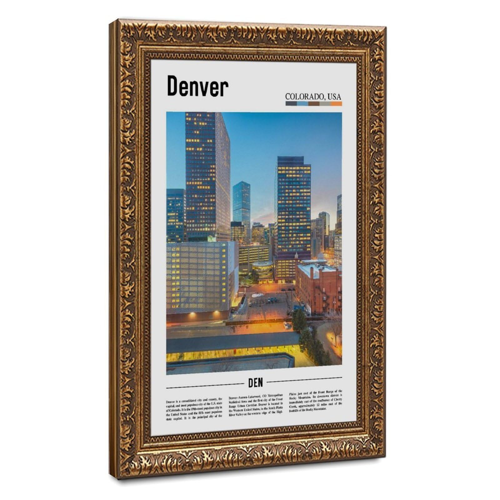 Wcyb Retro Gold Frame Denver Colorado The United States Of America Scenery Travel Posters Prints Canvas Deco Paintings Wall Art Hangable Frame 16" L X 24" W