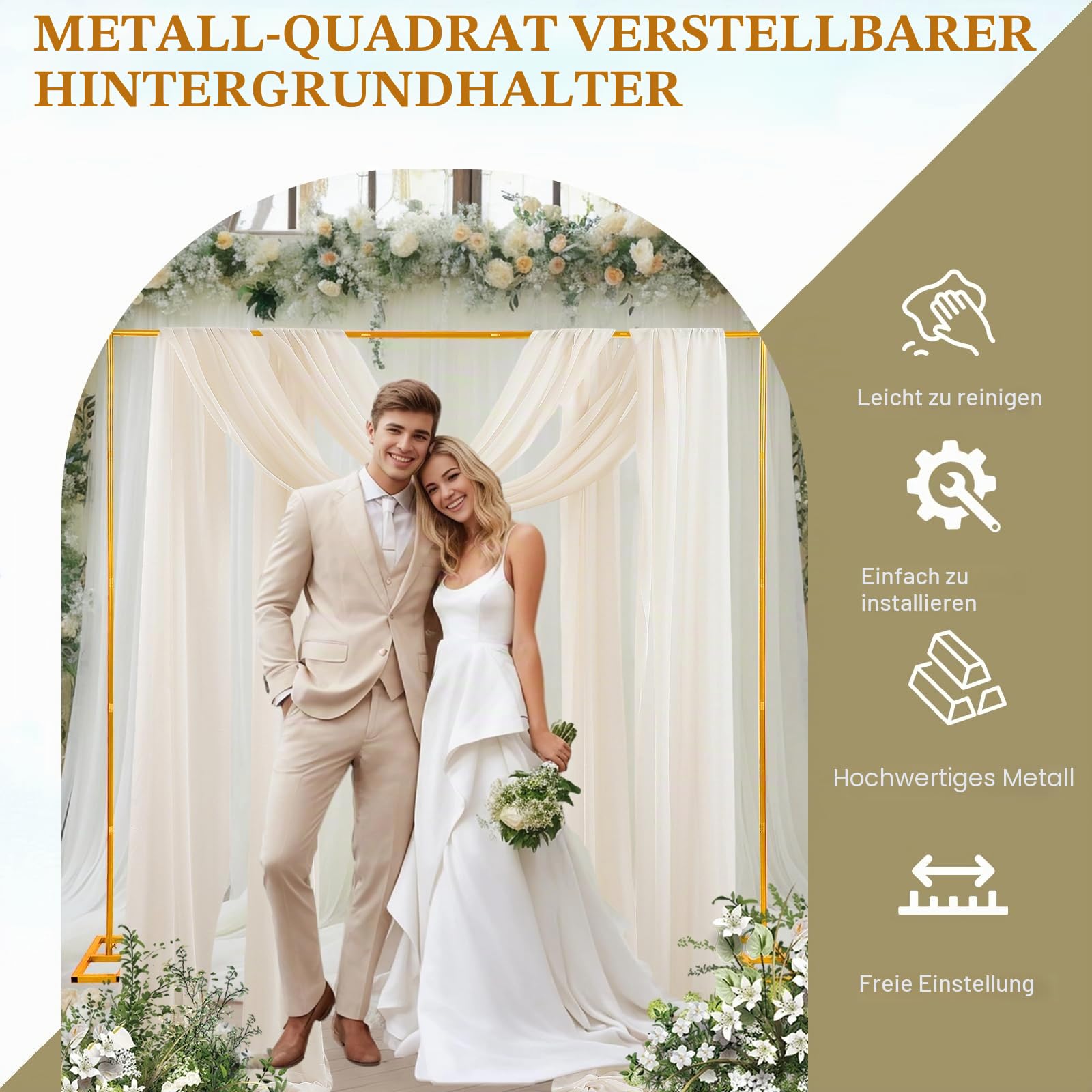Hochzeitsbogen Hintergrundständer, Goldener Metallrahmen Quadratisch Ballonbogen Gestell Blumenrahmen Hintergrund für Hochzeitszeremonie, Fotoautomaten, Party Dekoration (2x2M)
