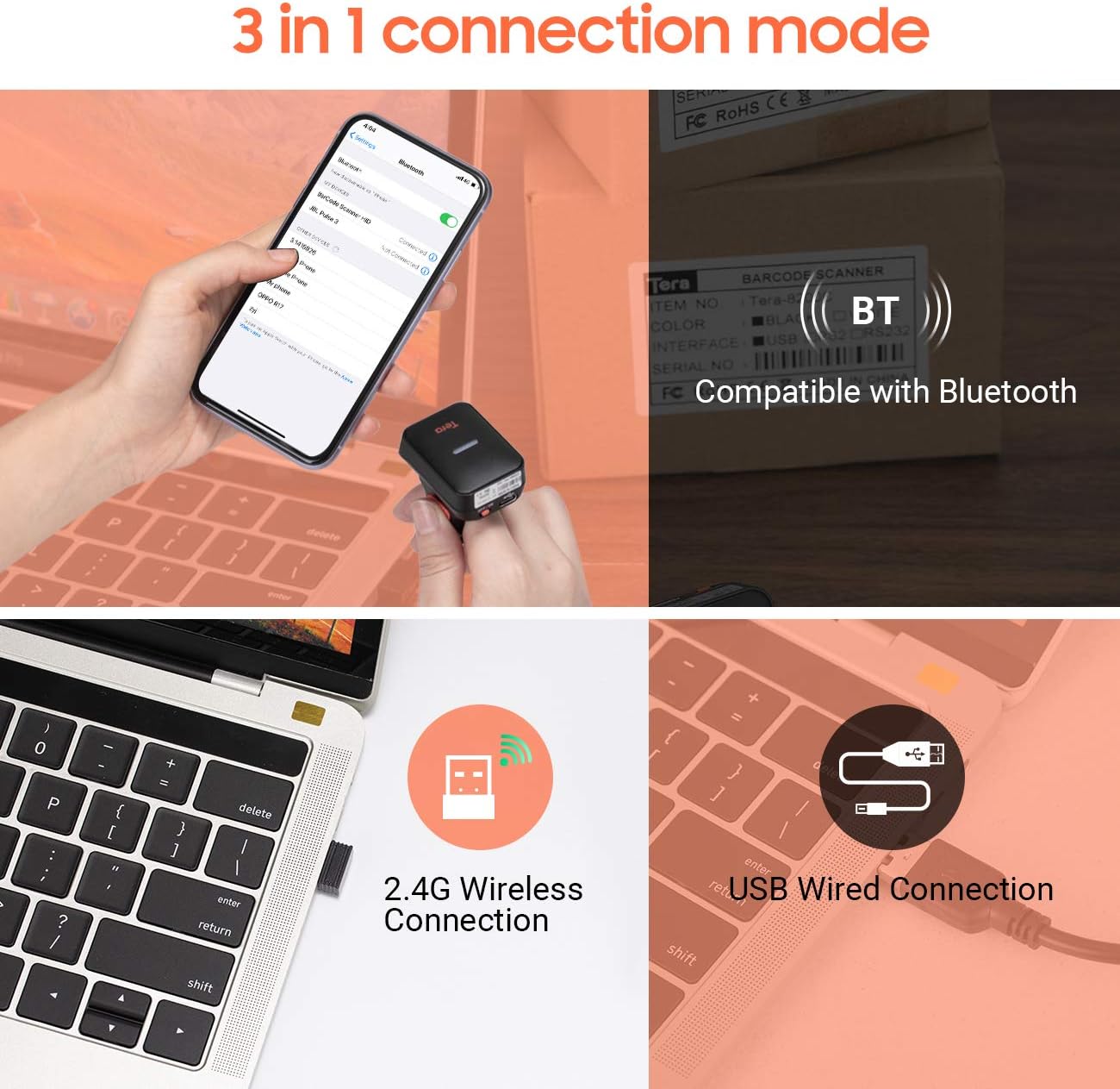 Image illustrating the three connection modes: Bluetooth, 2.4G Wireless, and USB Wired Connection.