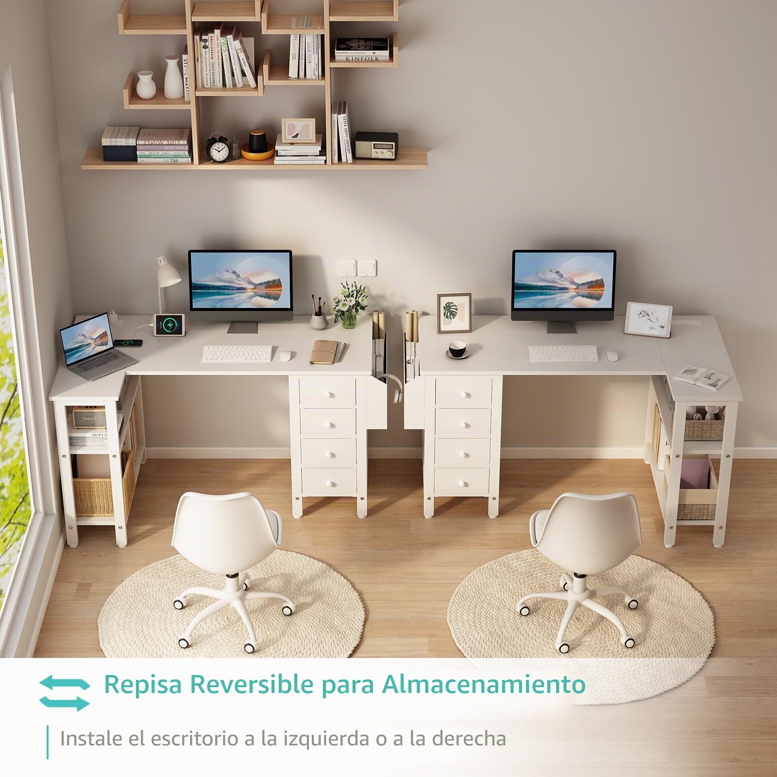 Lufeiya Mesa Escritorio Blanco con Cajones y Enchufes,Escritorio Esquinero con 4 Cajones 120CM Escritorio en l L para Oficina Juveniles Estudio（Enchufes Europea