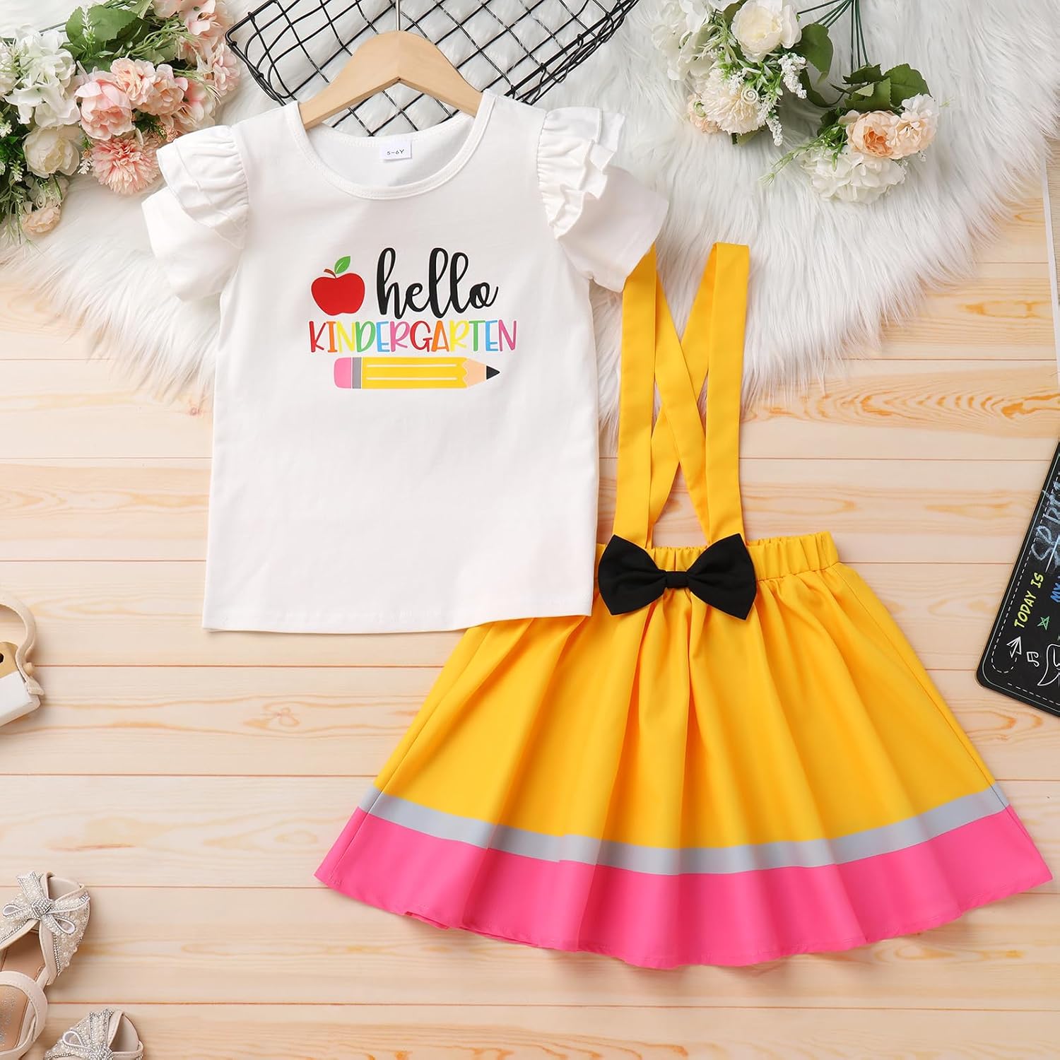 FYMNSI Kids Girls Back to School Outfit Pencil Print T-shirt A-line Suspender Skirt 2PCS First Day of Kindergarten Clothes