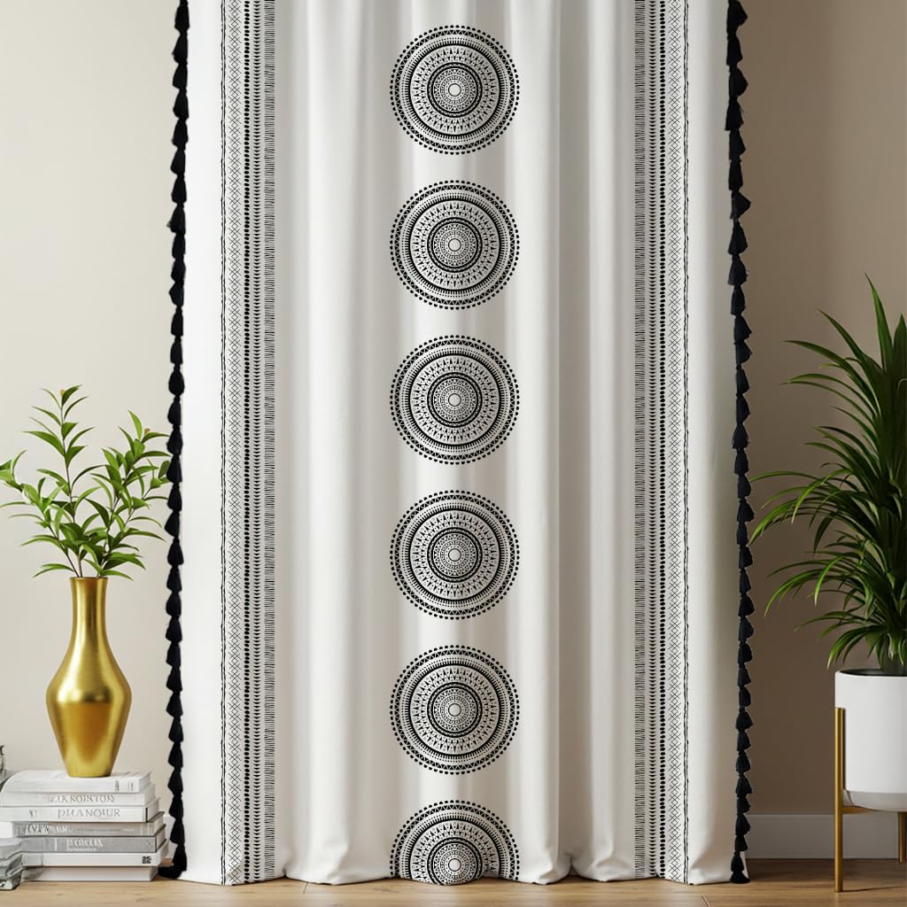 Urban Space Boho Decorative Curtains for Door, 100% Cotton Curtain 7 Feet Long, Set of 1 Curtains with Tassels, 60-65% Room Darkening Curtain with Tieback and Eyelets (Trellis Black, 7 Feet)-image-18