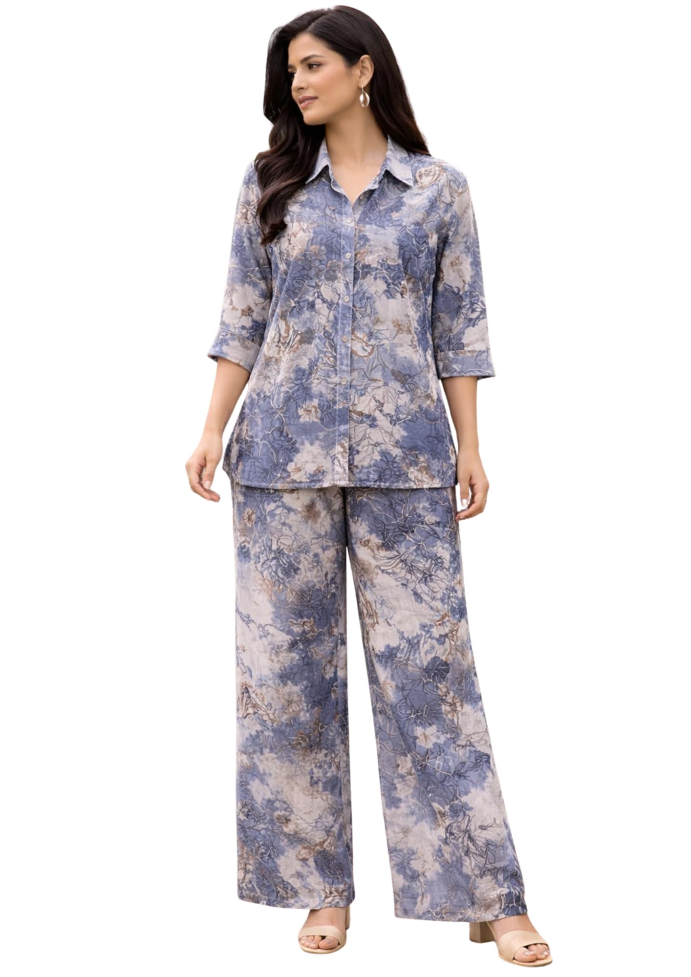 ritz era Women's Floral Print Co-ord Set, Blue and Beige, Silk Blend, Collared Shirt with Wide Leg Pants, 3/4 Sleeves, 2 Pieces-picture-12