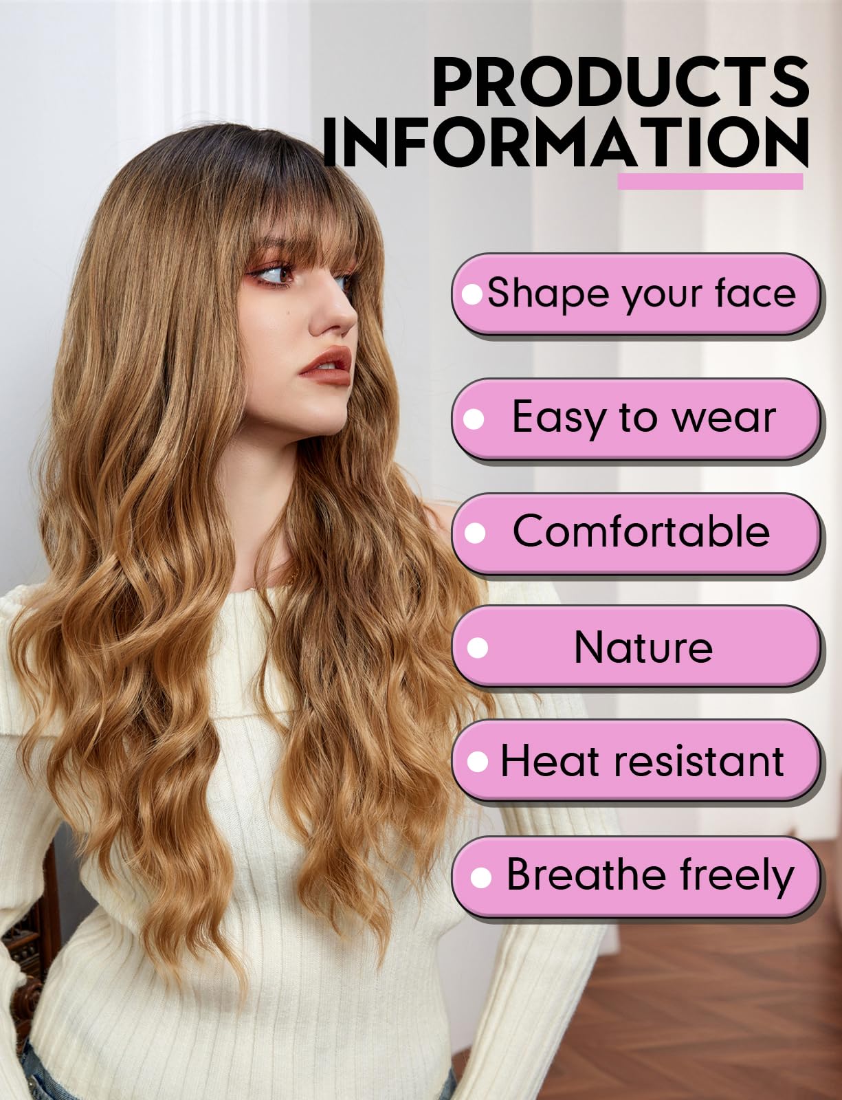 WOKESTAR Long Golden Brown Wigs for Women Synthetic Hair Wavy Wig with Fringe - Image 2