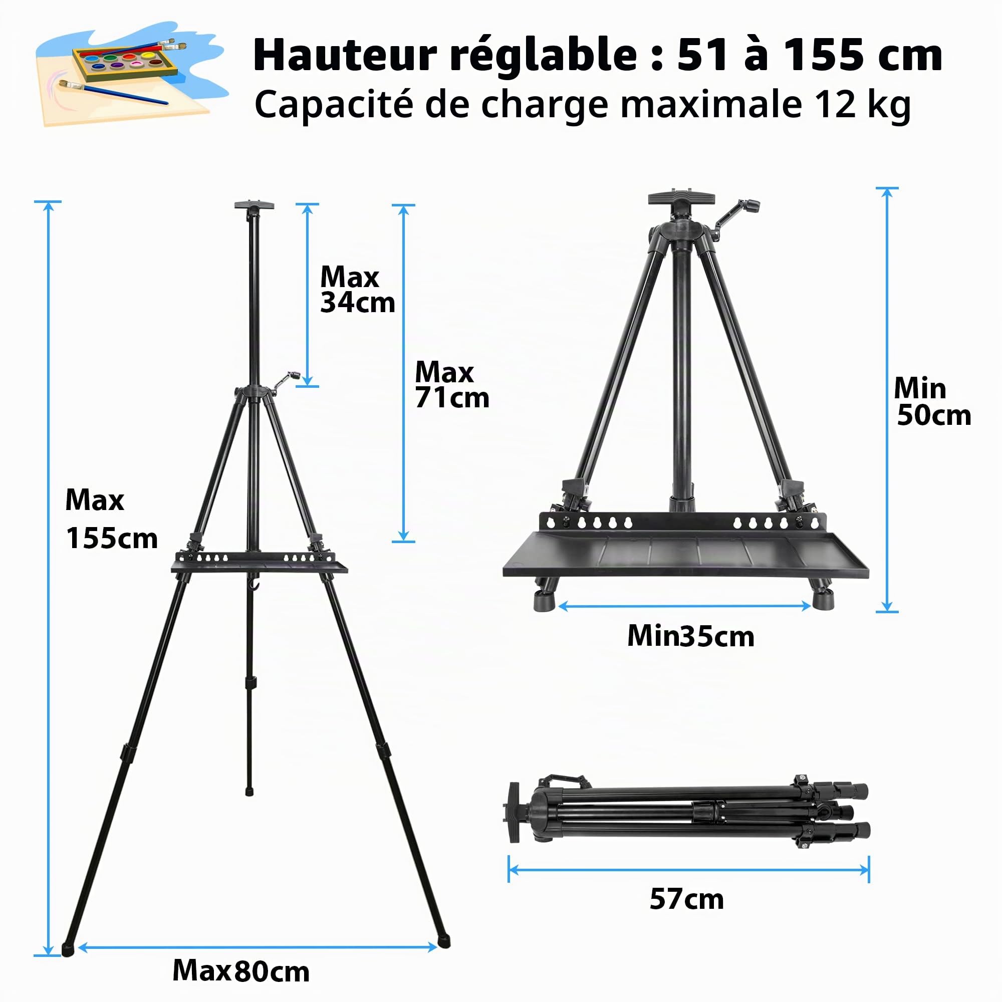 Chevalet d'art pour peinture, réglable de 51 à 155 cm, trépied pliable, sac/fût/tablier, dessus de table, affichage de dessin